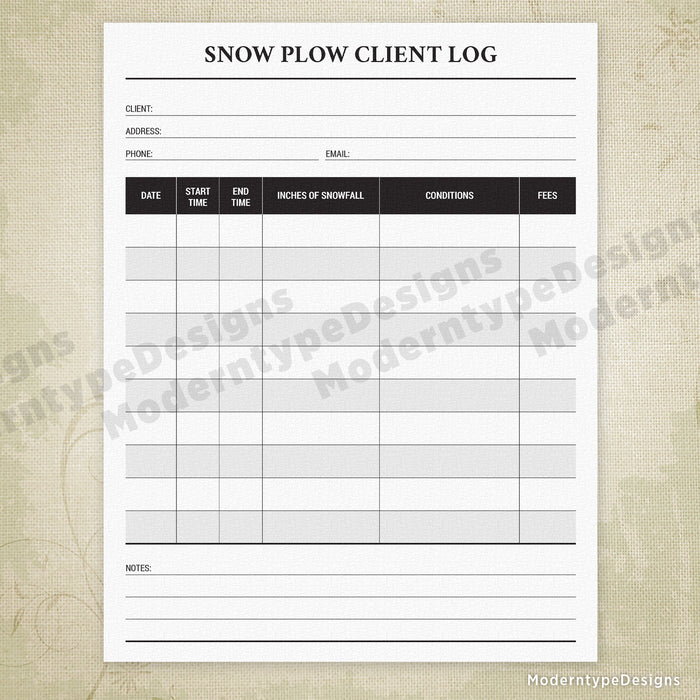 Snow Plow Client Log Printable