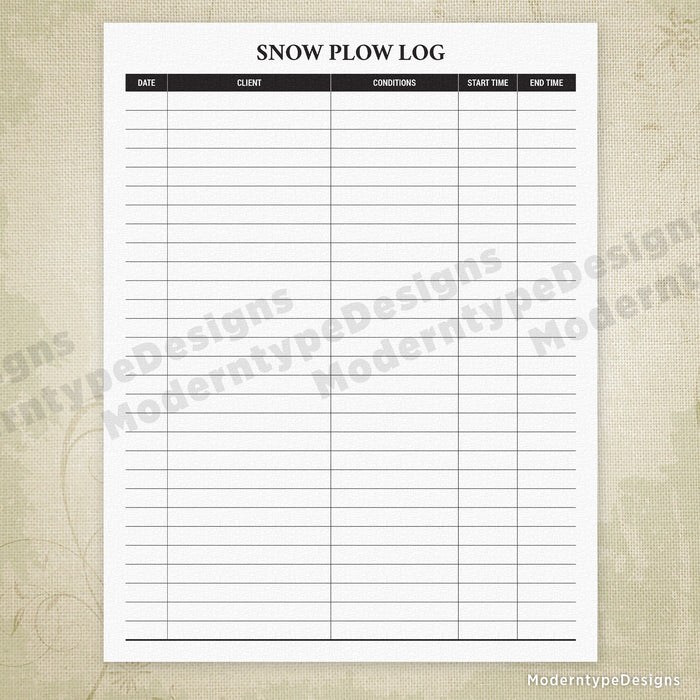 Snow Inspection Log Snow Plow Log Printable