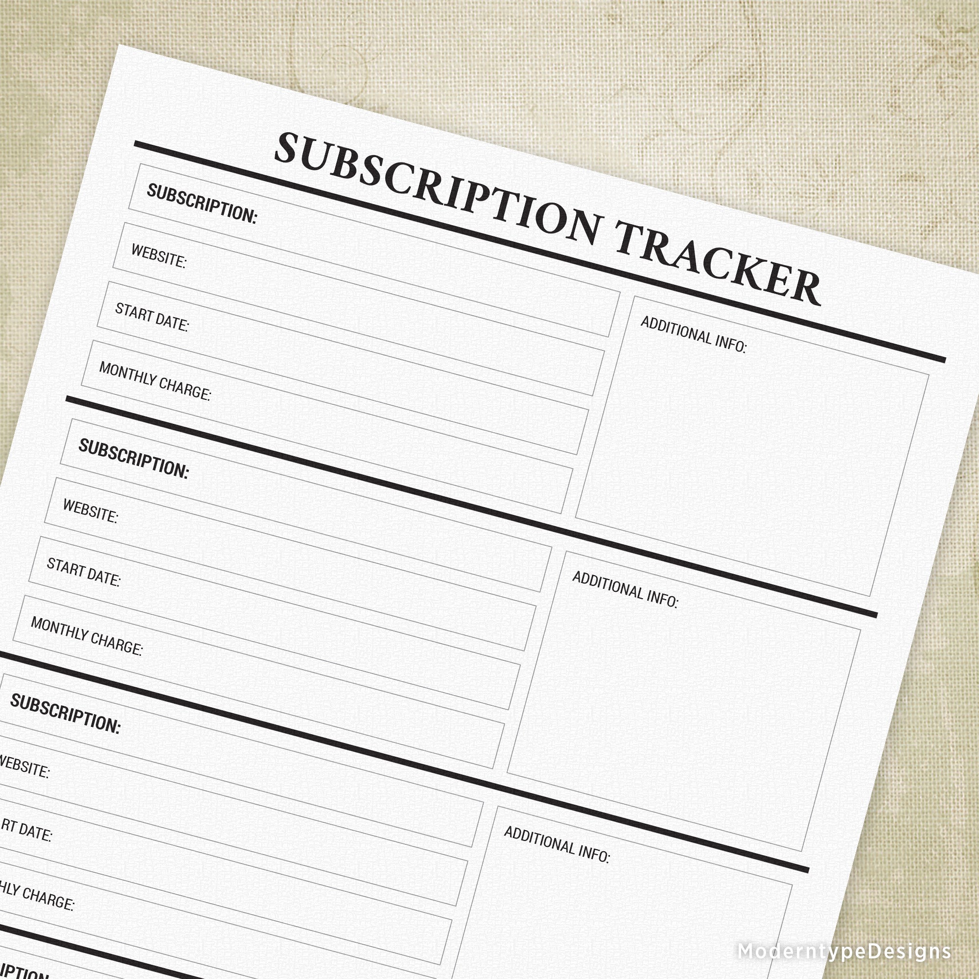 Subscription Tracker Printable