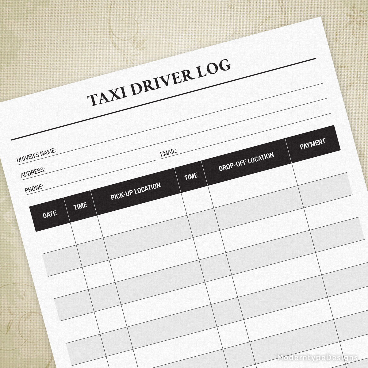 Taxi Driver Log Printable