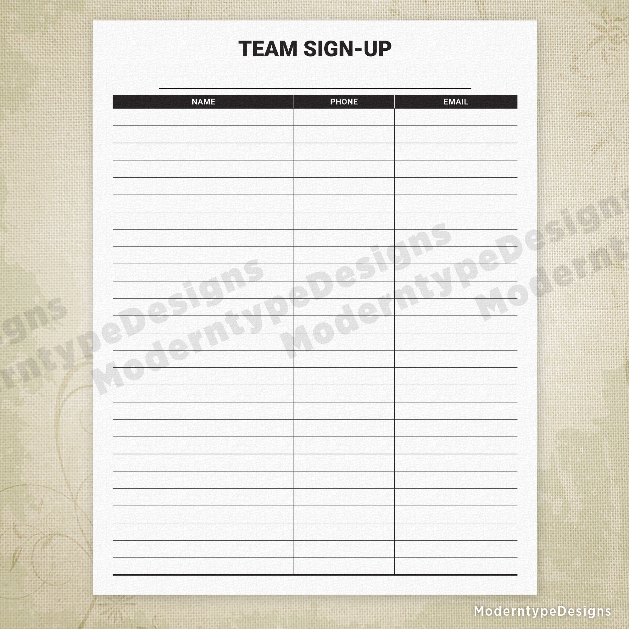 Team Sign-up Printable