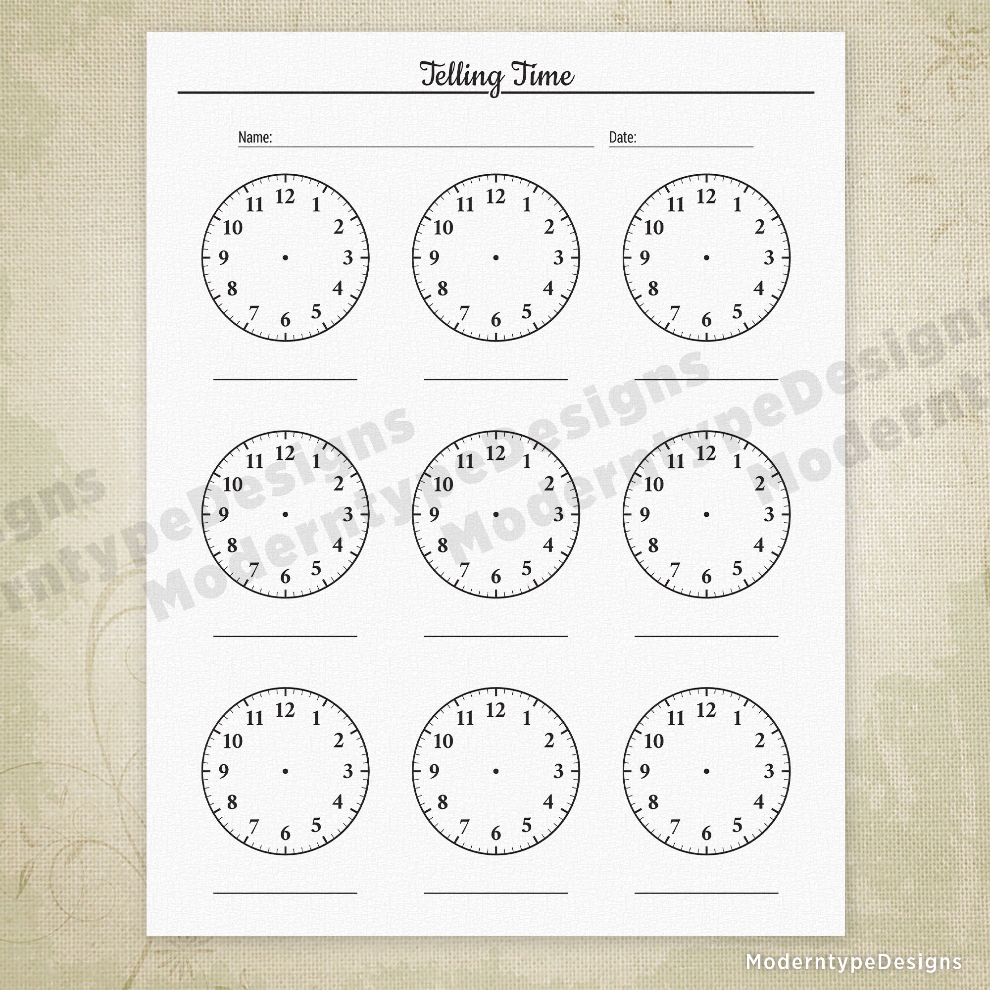 Master analog timekeeping with this expertly designed Telling Time Printable Clocks PDF worksheet. There are nine blank clock faces with clearly numbered hours, allowing learners to practice positioning hour and minute hands accurately.