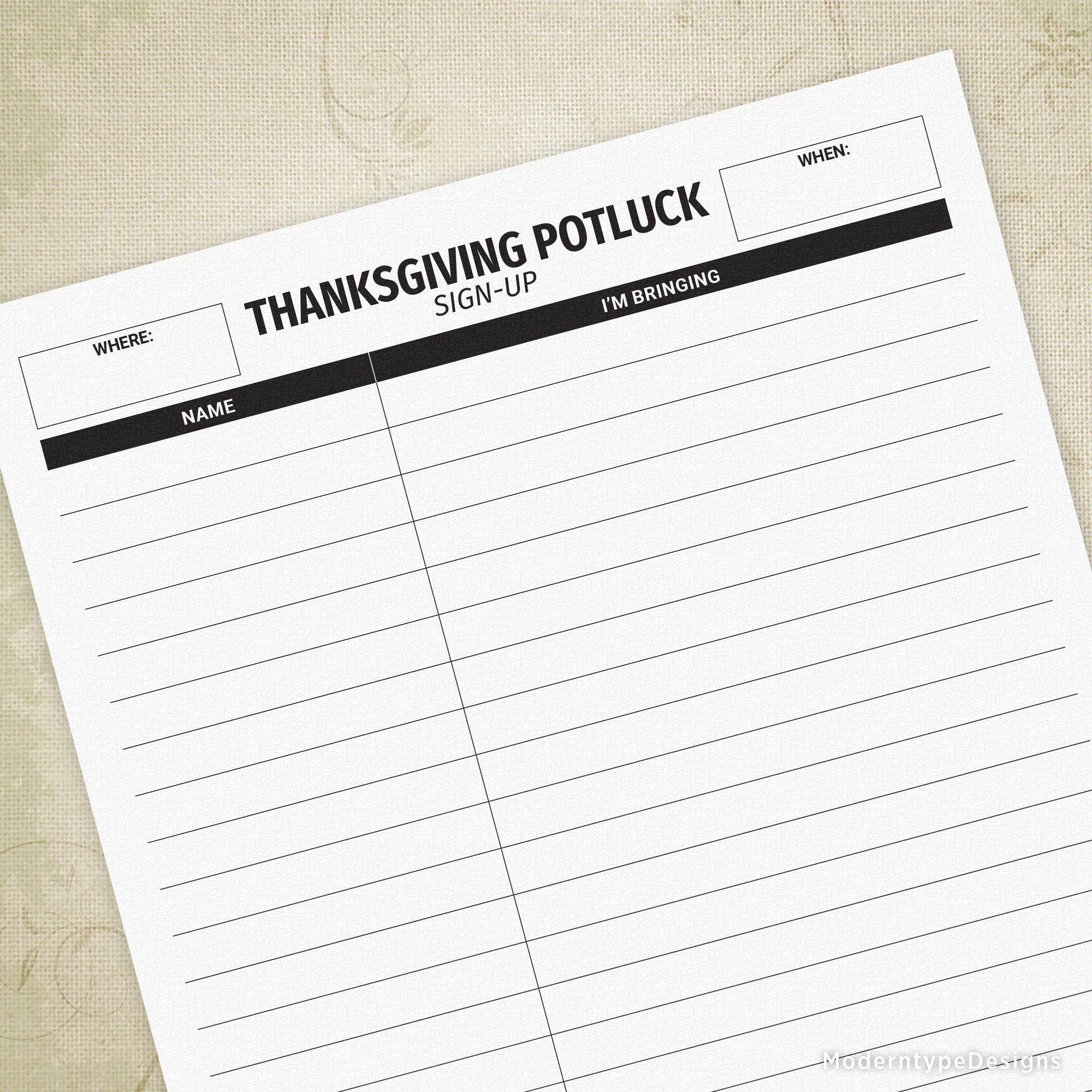 Thanksgiving Potluck Sign-up Sheet Printable