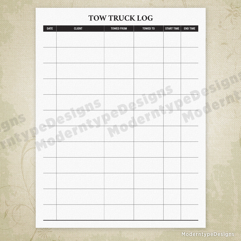 Tow Truck Log Printable