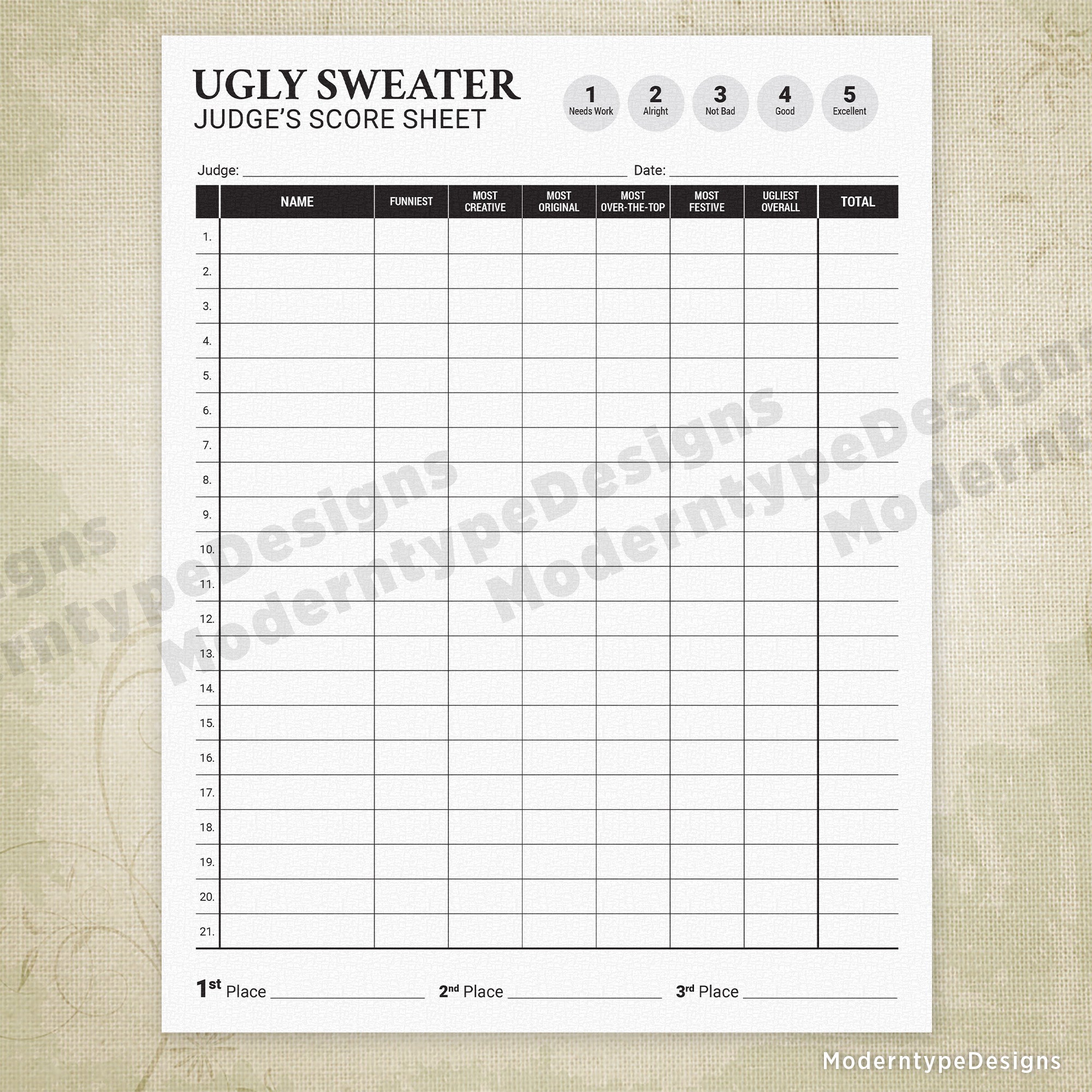 Keep your ugly sweater contest fair and organized with this Ugly Sweater Judges Score Sheet Printable PDF. Designed for evaluating up to 21 contestants, this printable rating form features a clear 1-5 scoring scale to assess each sweater's creativity, ugliness factor, and overall appeal. Perfect for holiday parties, office competitions, or community events, it streamlines the judging process and ensures consistent evaluation criteria across all entries.