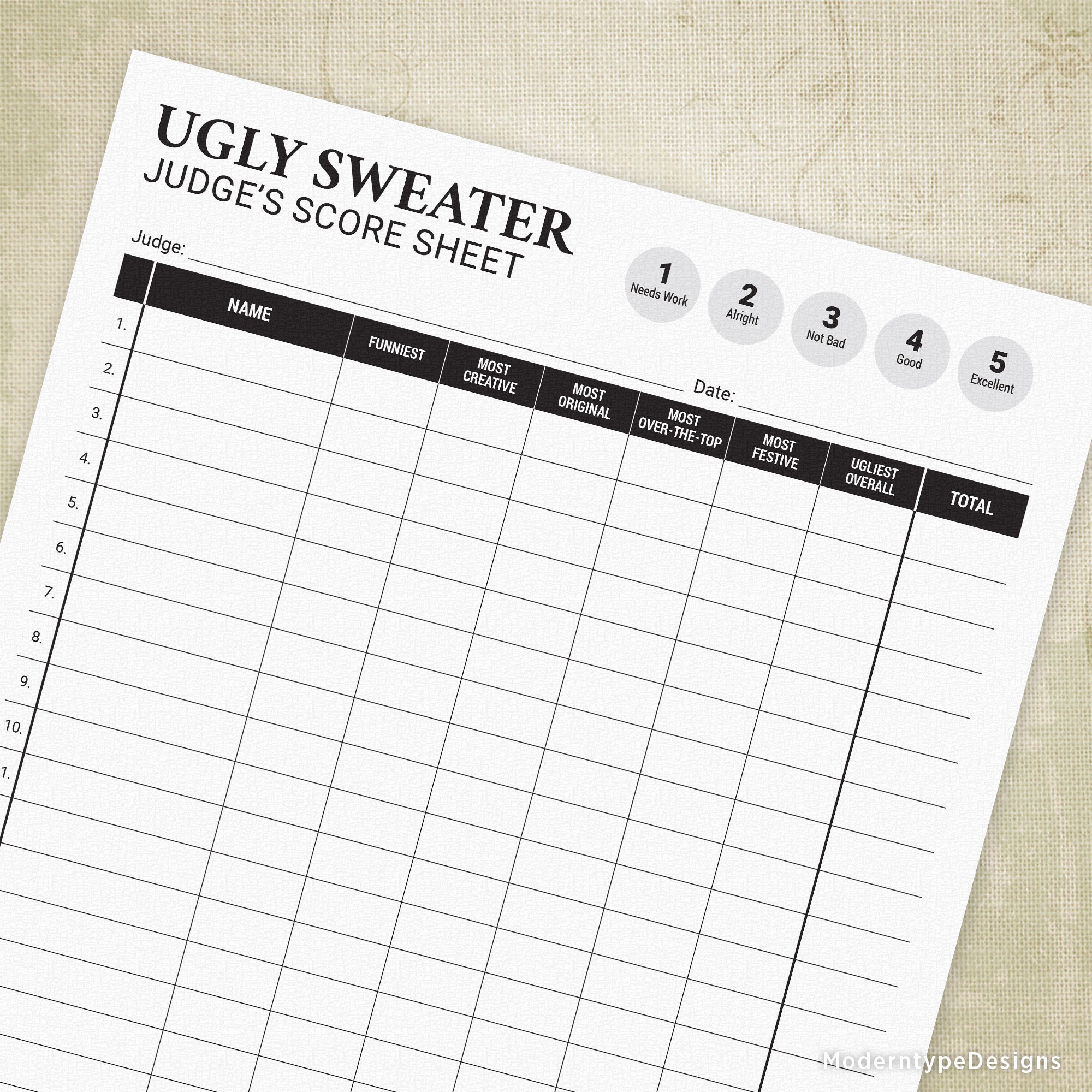 Keep your ugly sweater contest fair and organized with this Ugly Sweater Judges Score Sheet Printable PDF. Designed for evaluating up to 21 contestants, this printable rating form features a clear 1-5 scoring scale to assess each sweater's creativity, ugliness factor, and overall appeal. Perfect for holiday parties, office competitions, or community events, it streamlines the judging process and ensures consistent evaluation criteria across all entries.