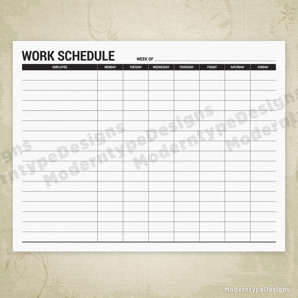 Employee Work Schedule Printable Form (Monday - Sunday)