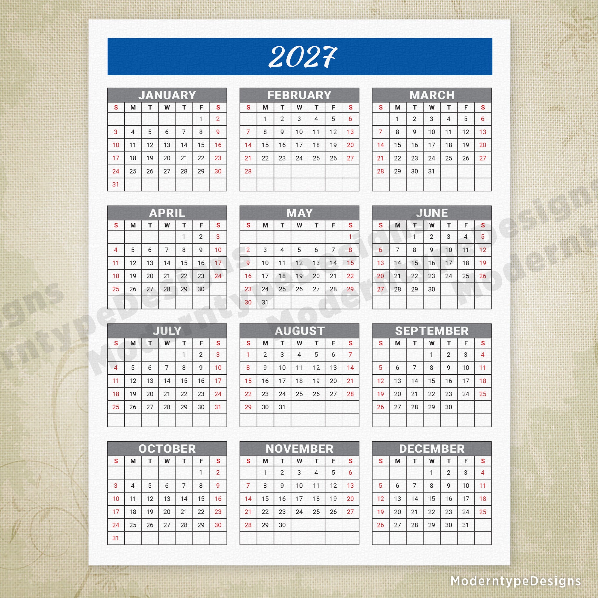 Yearly Printable Calendar Blue Header with Grid