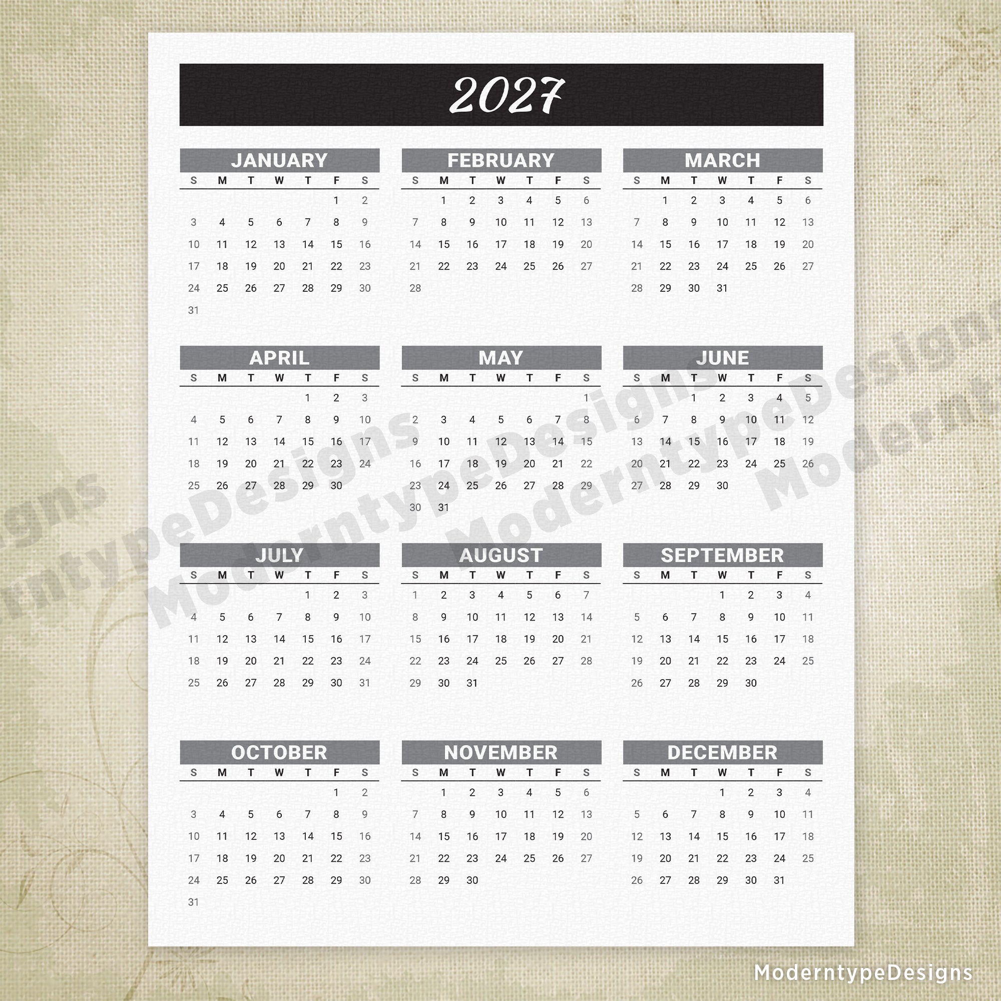 Yearly Printable Calendar Black Header without Grid