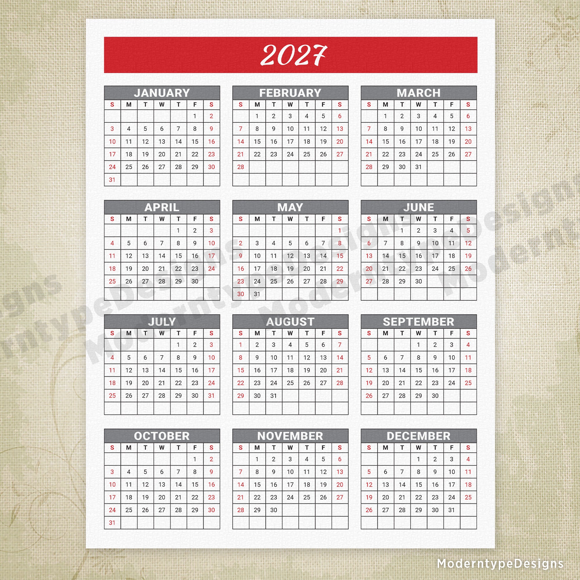 Yearly Printable Calendar Red Header with Grid