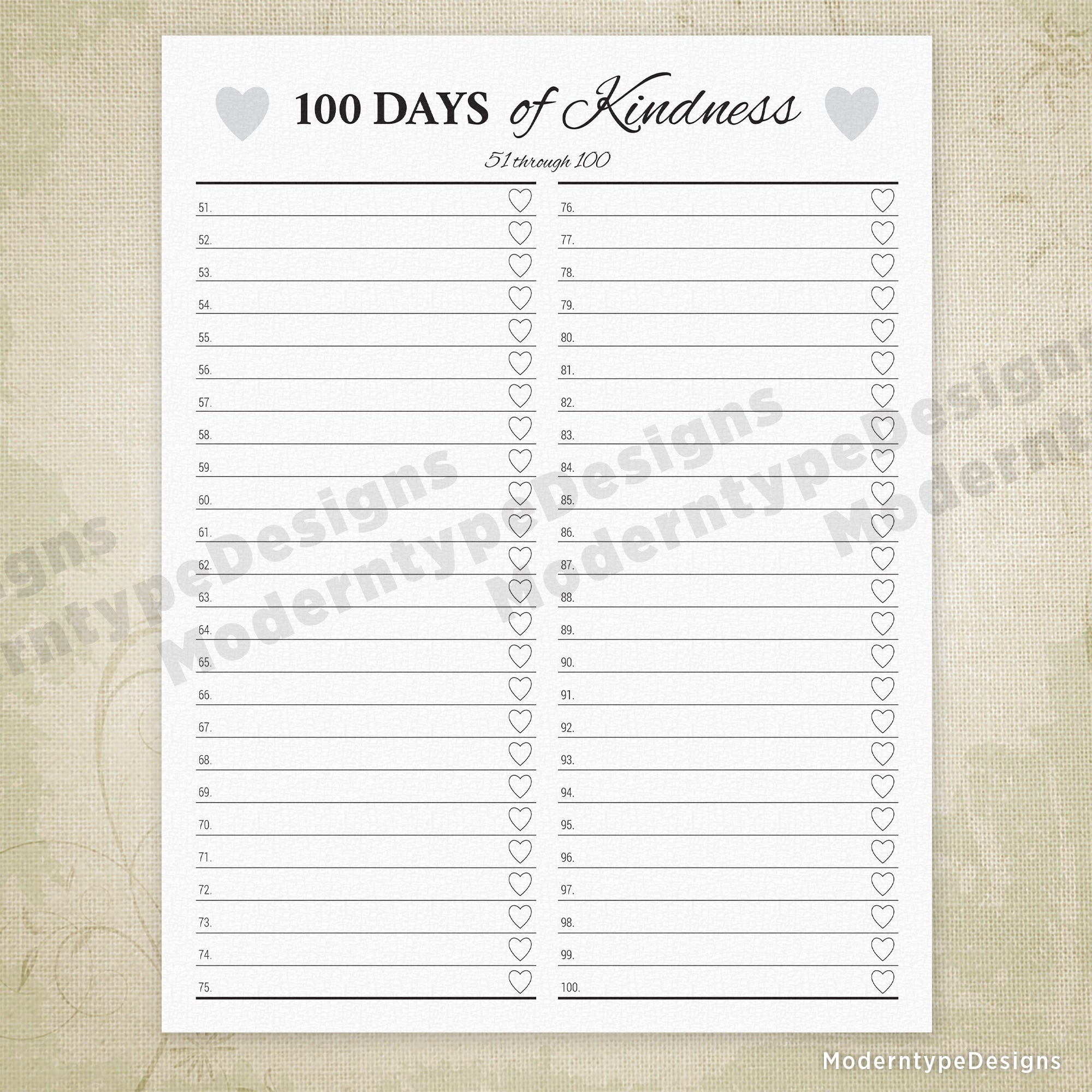 100 Days of Kindness Printable with Lines