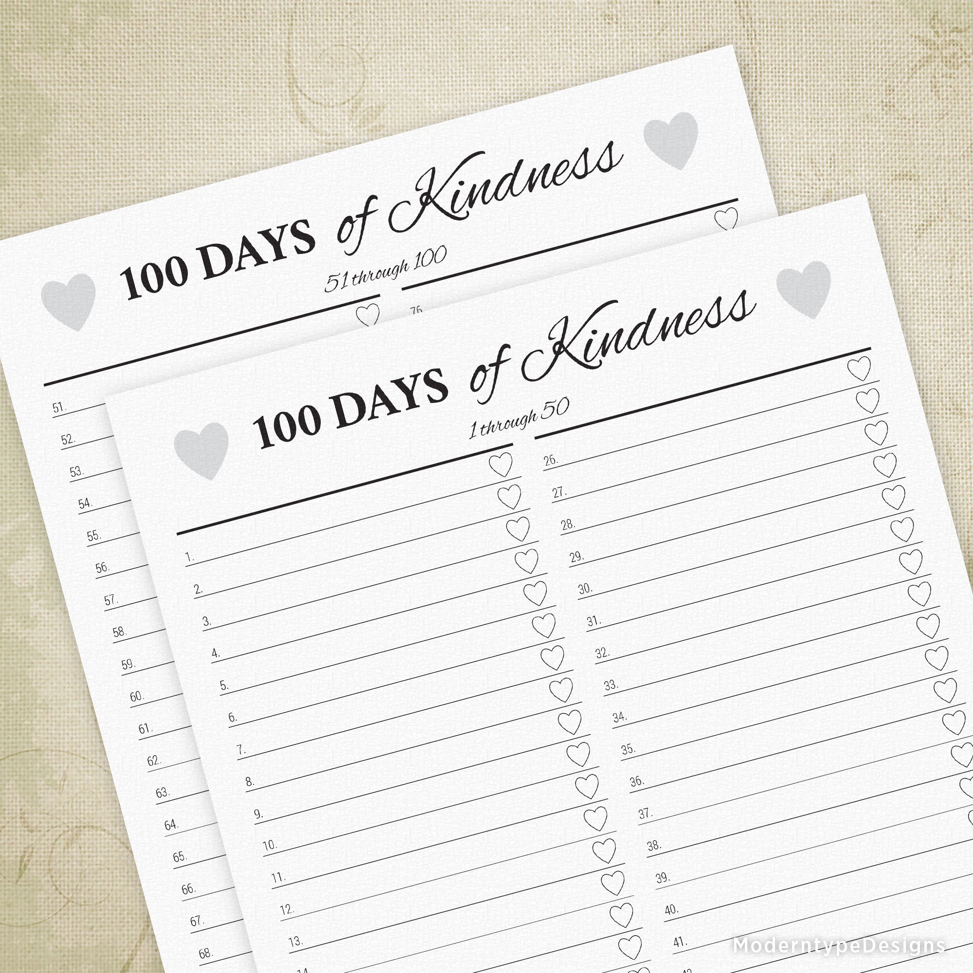 100 Days of Kindness Printable with Lines
