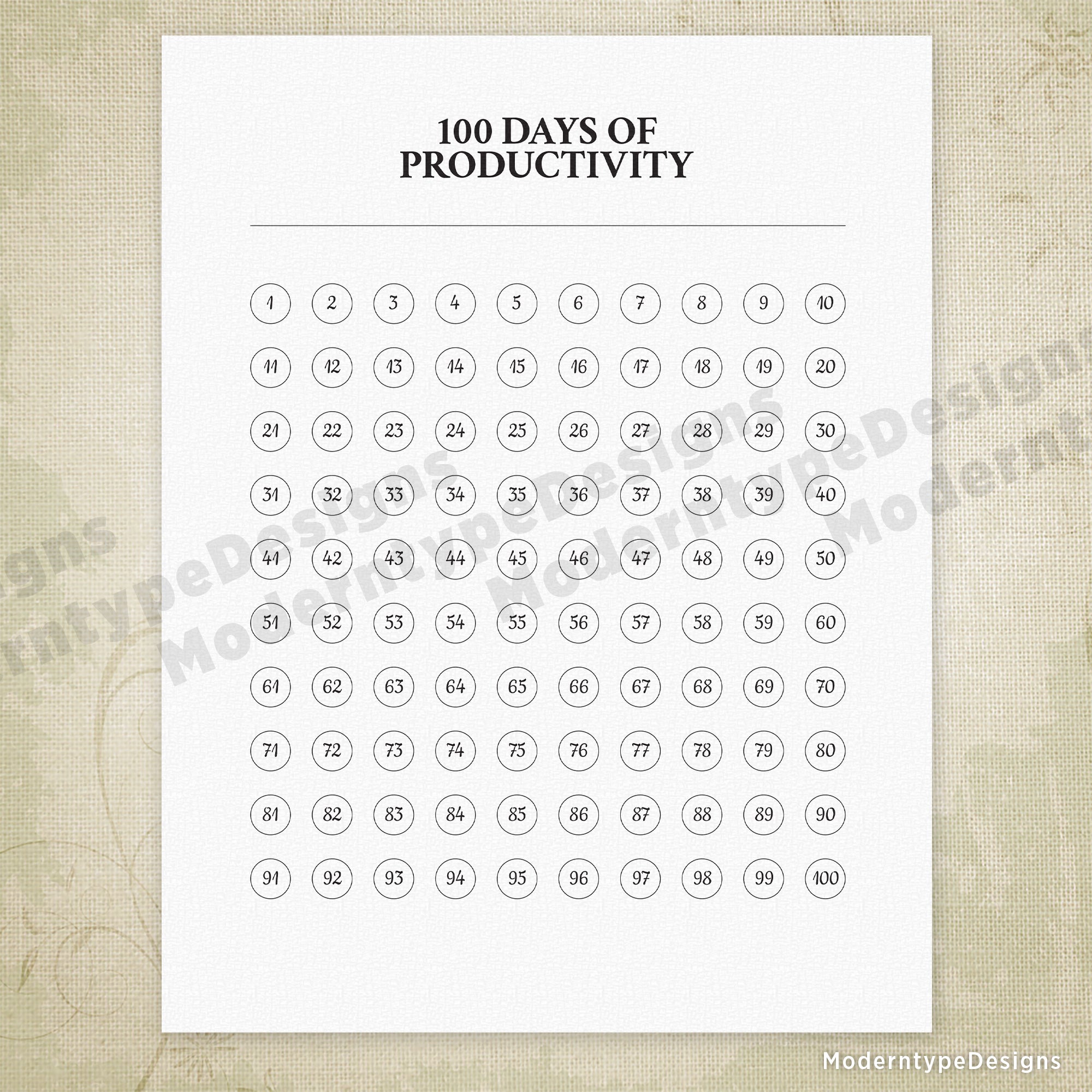 100 Days of Productivity Printable