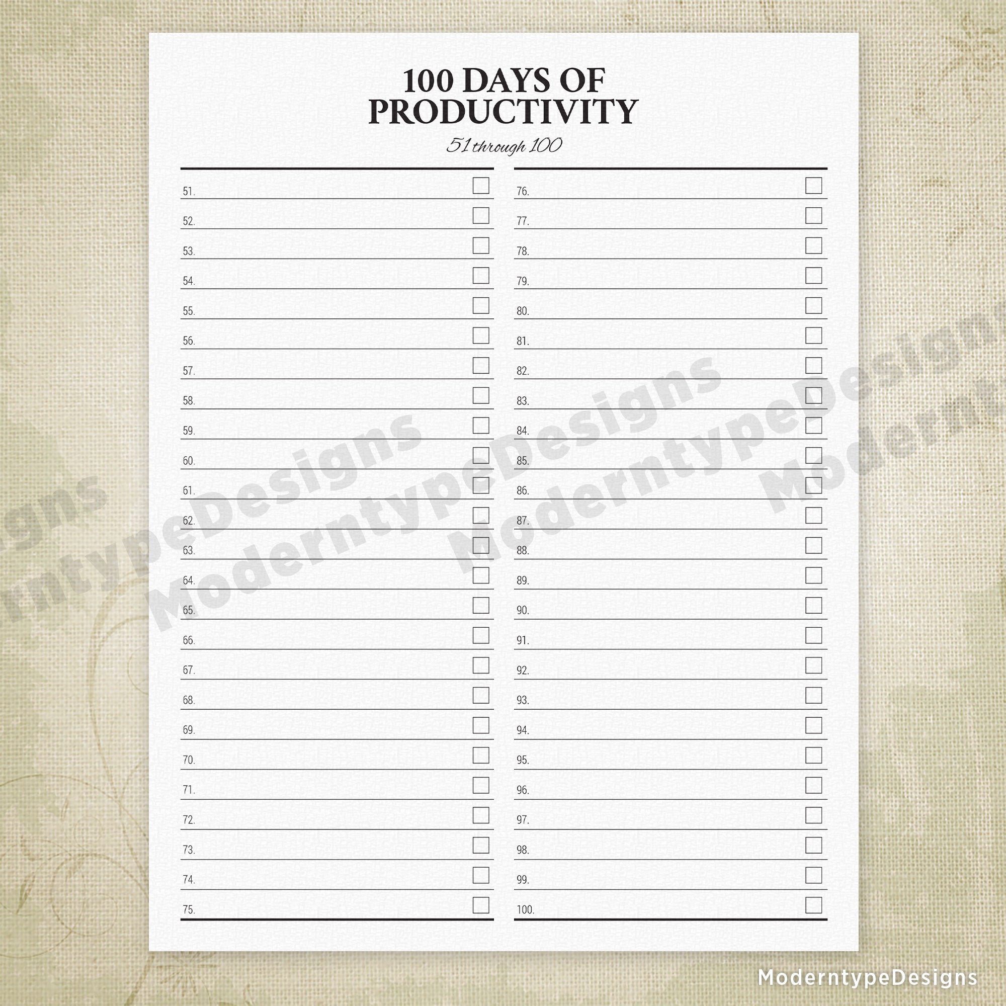 100 Days of Productivity Printable with Lines