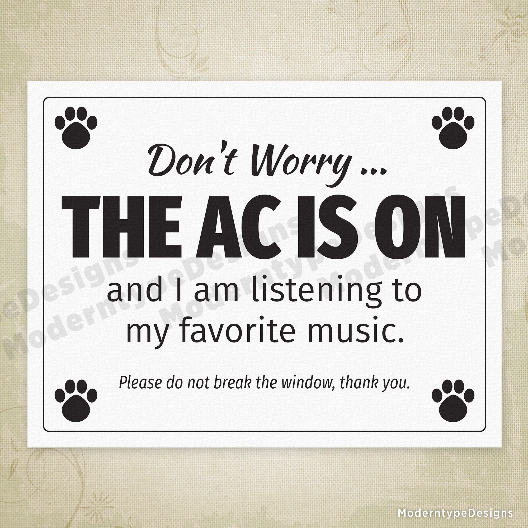 AC is on Car Window Printable Sign for Dogs