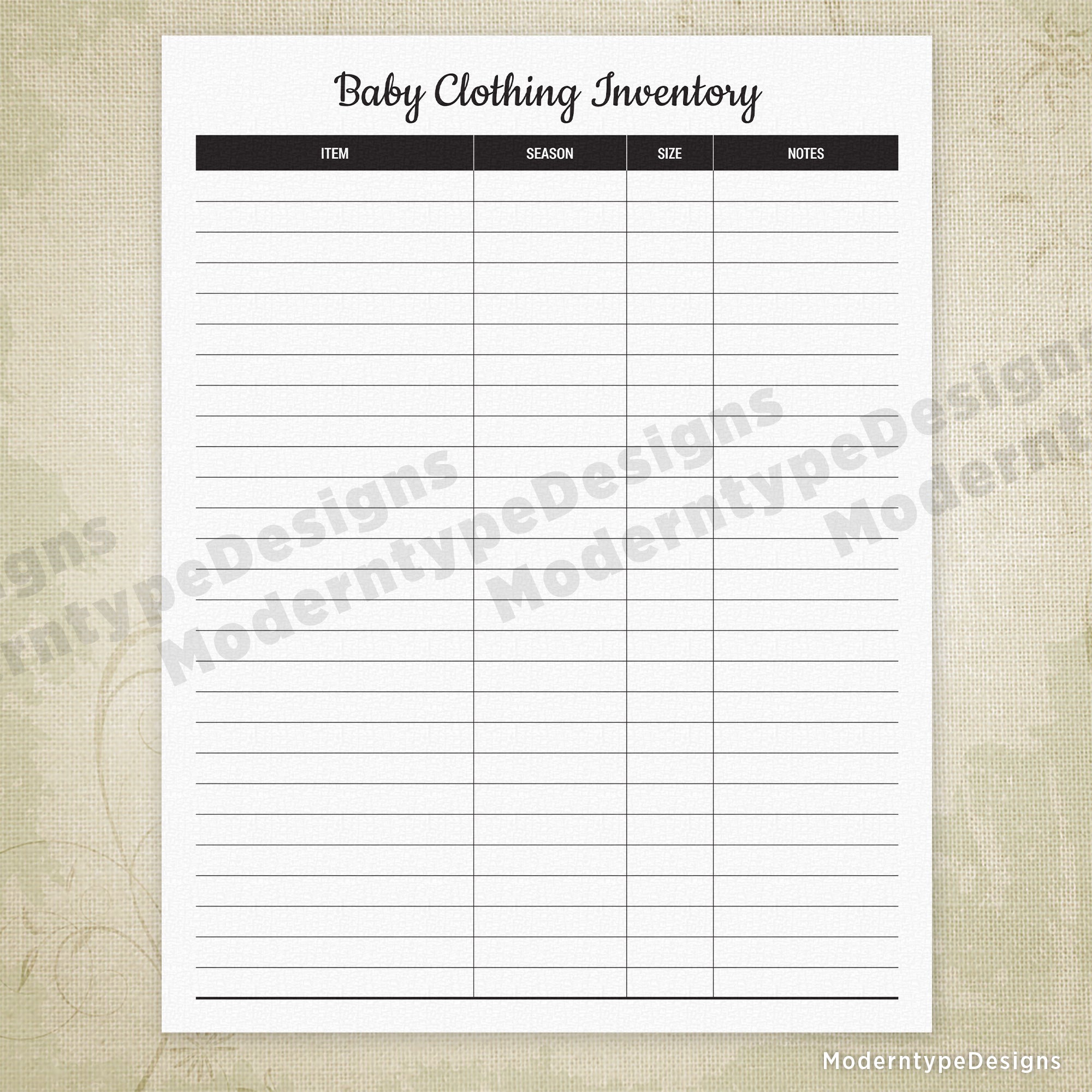 Baby Clothing Inventory Printable