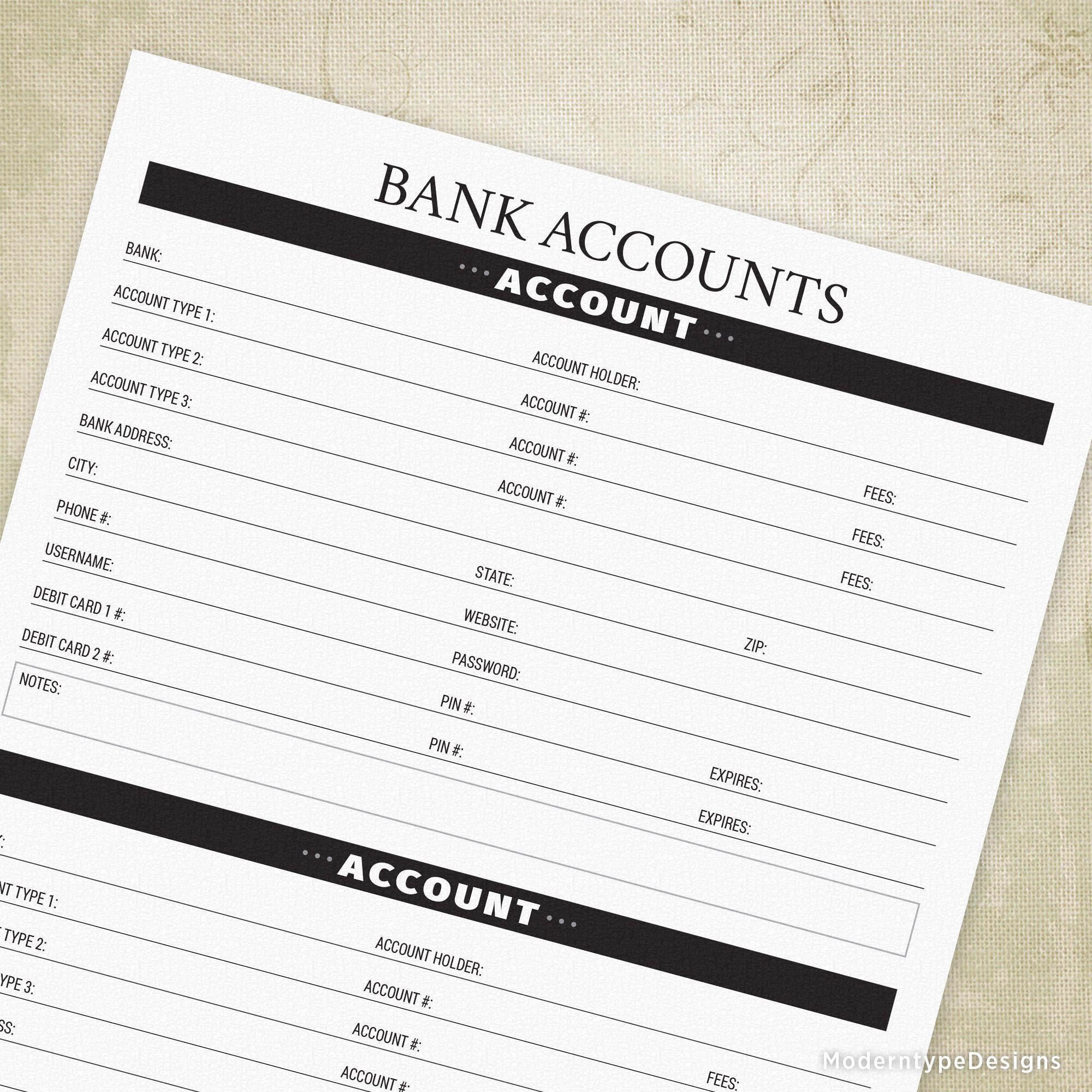 Bank Accounts Printable - End of Life