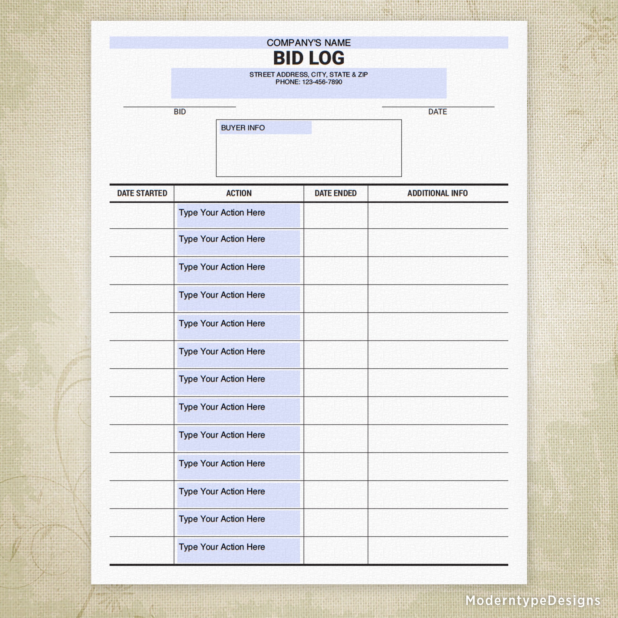 Bid File Log Printable Form, Editable