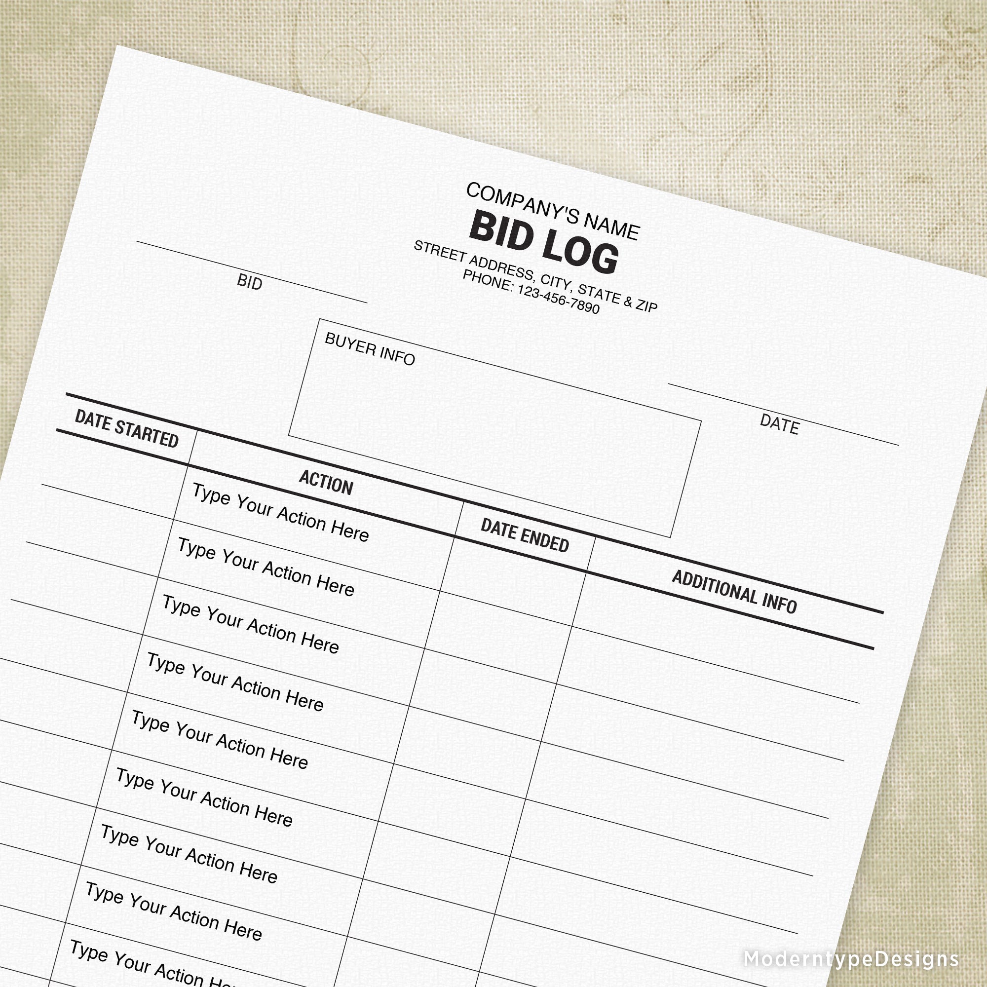Bid File Log Printable Form, Editable