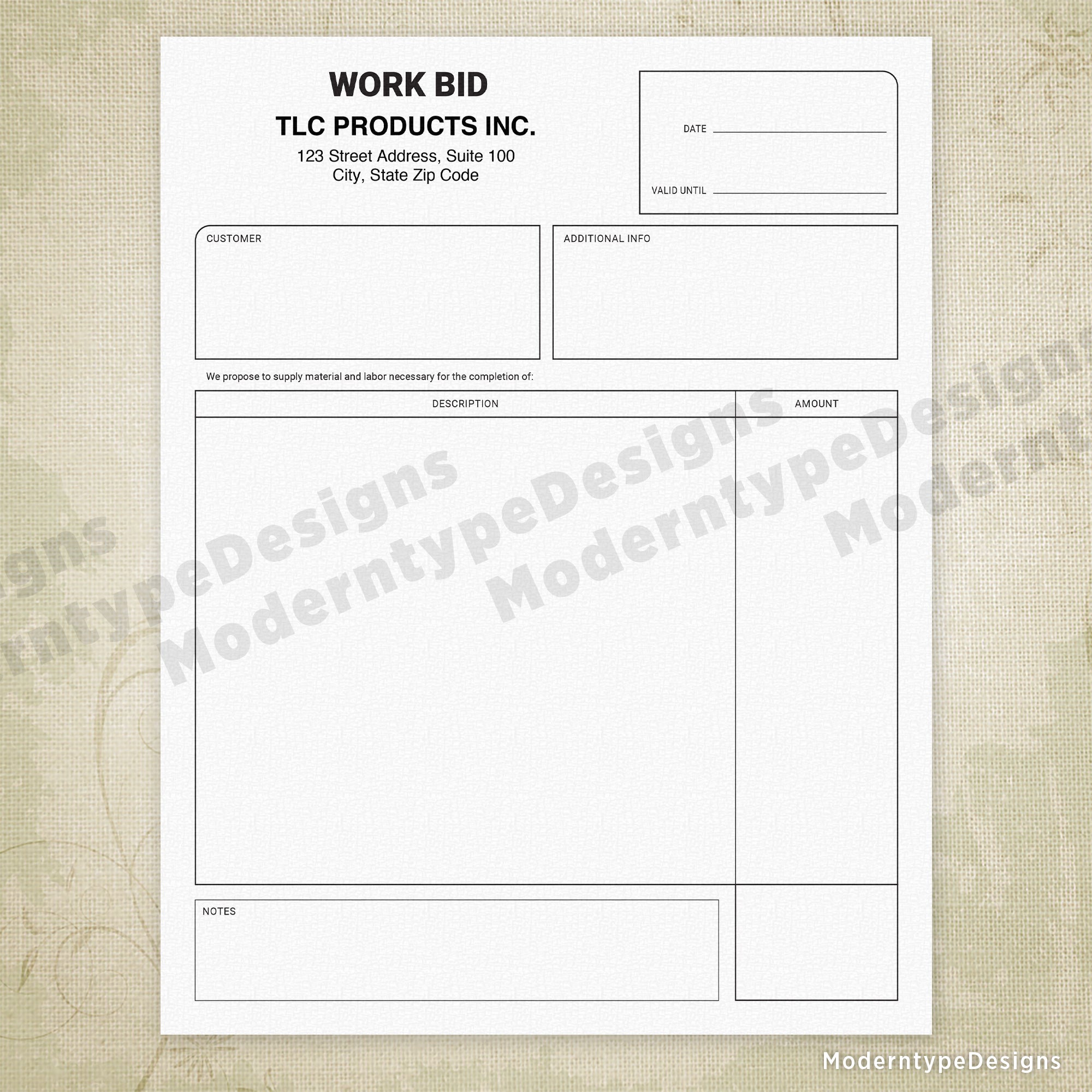 Work Bid Printable Form, Personalized