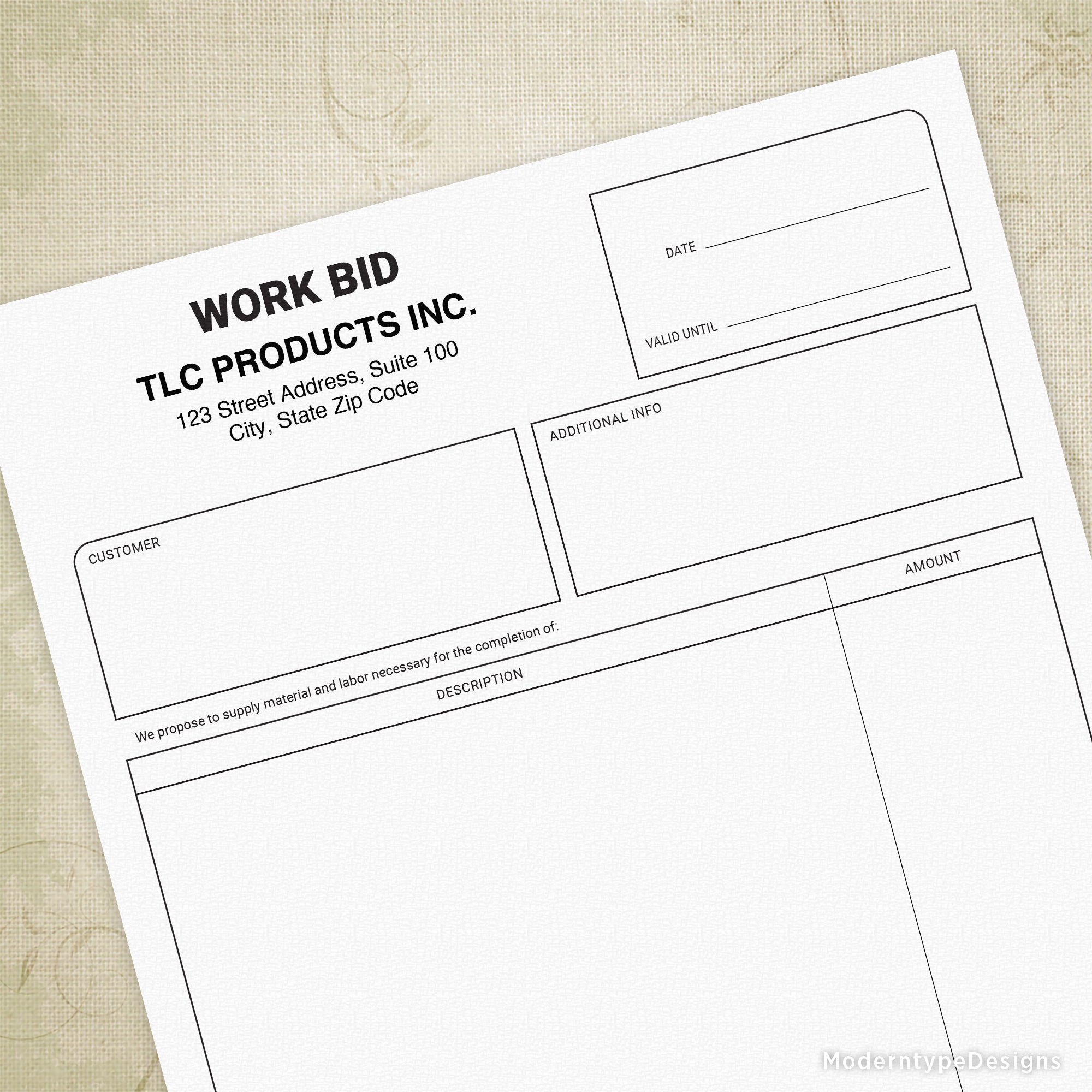 Work Bid Printable Form, Personalized