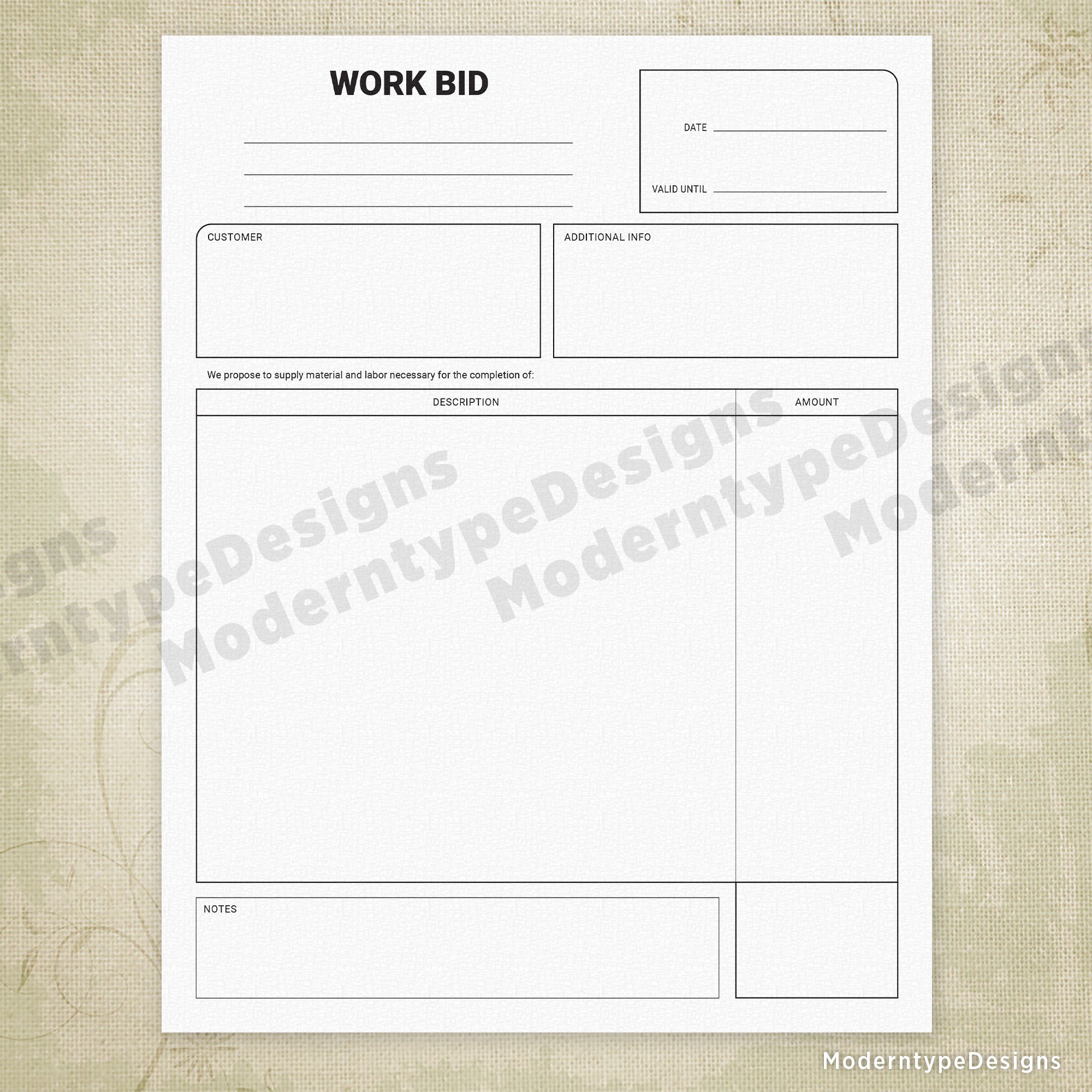 Work Bid Printable Form