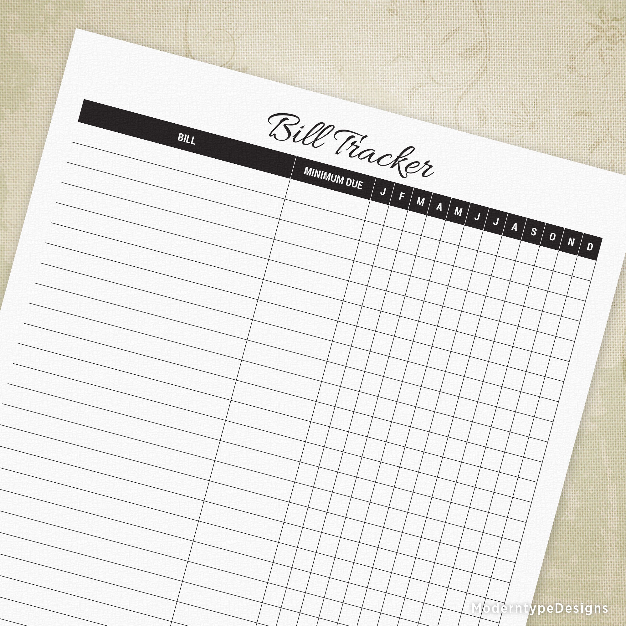 Bill Tracker Printable for the Year