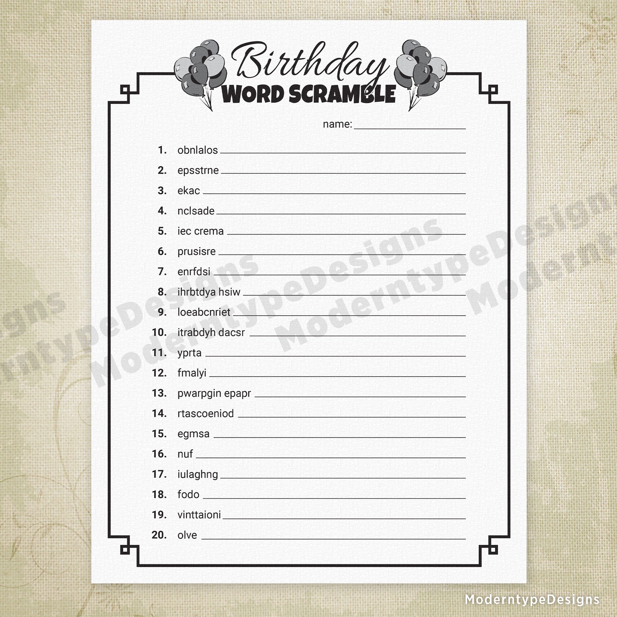 Birthday Word Scramble Game Printable