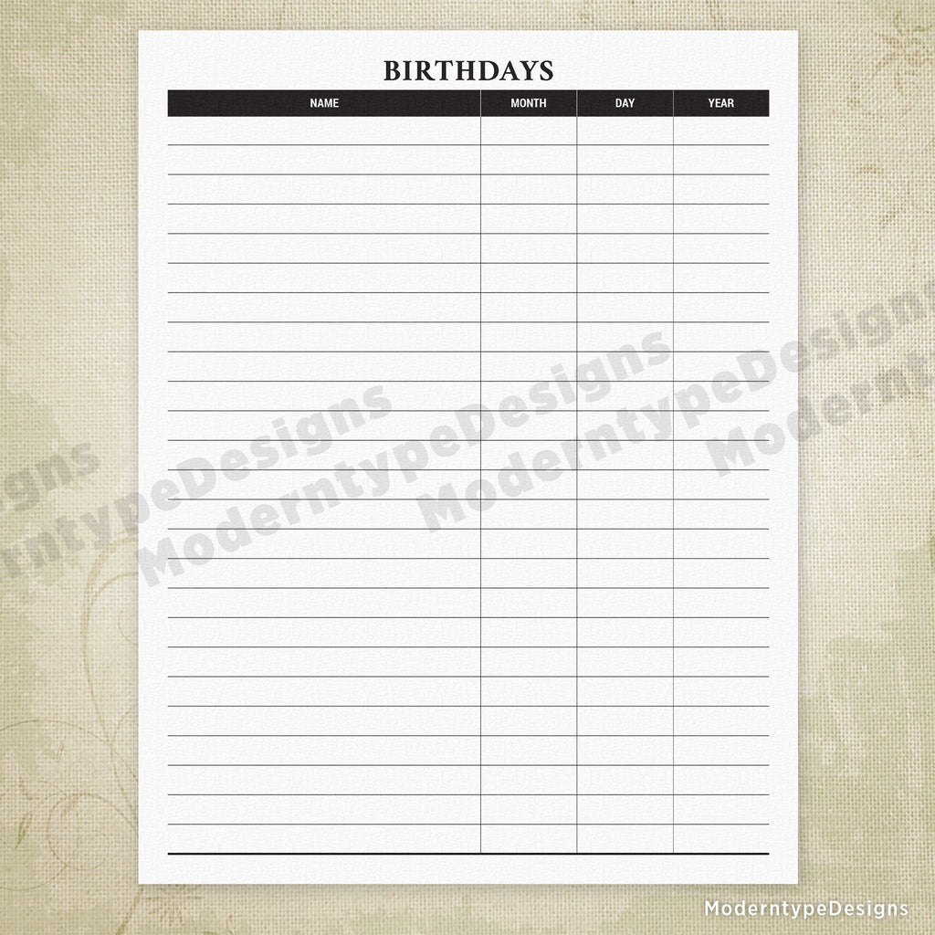 Birthdays List Printable