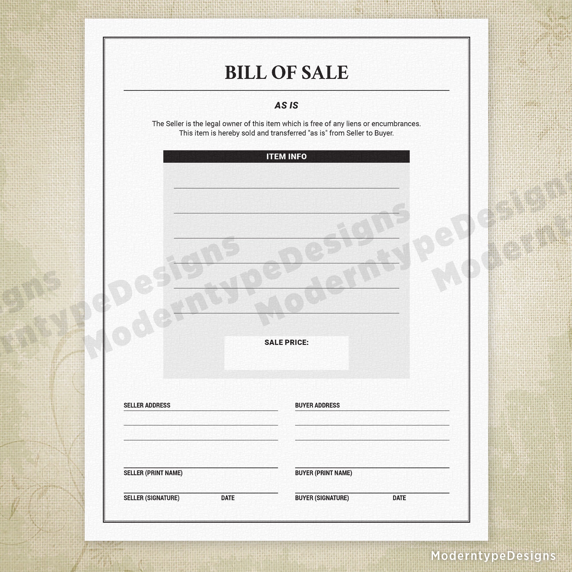 Blank Bill of Sale Printable