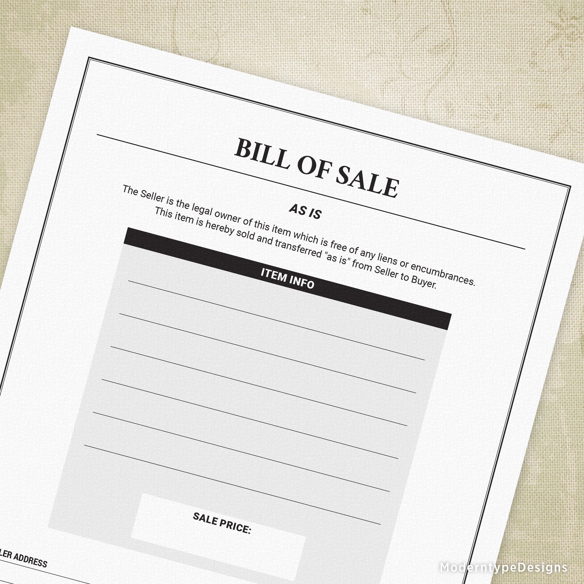 Blank Bill of Sale Printable