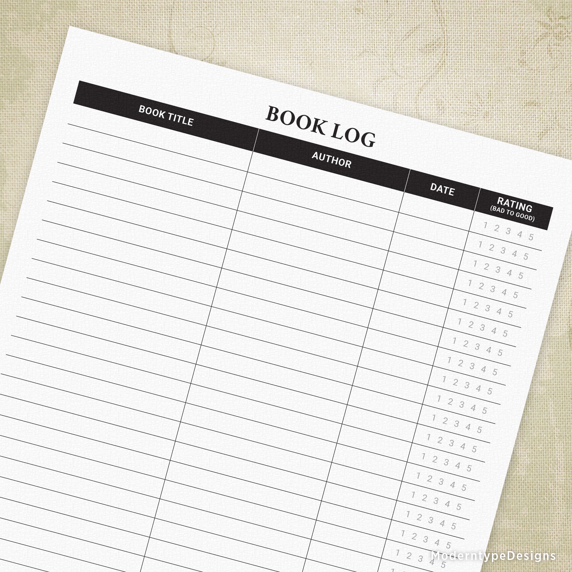 Book Log with Rating Printable Form