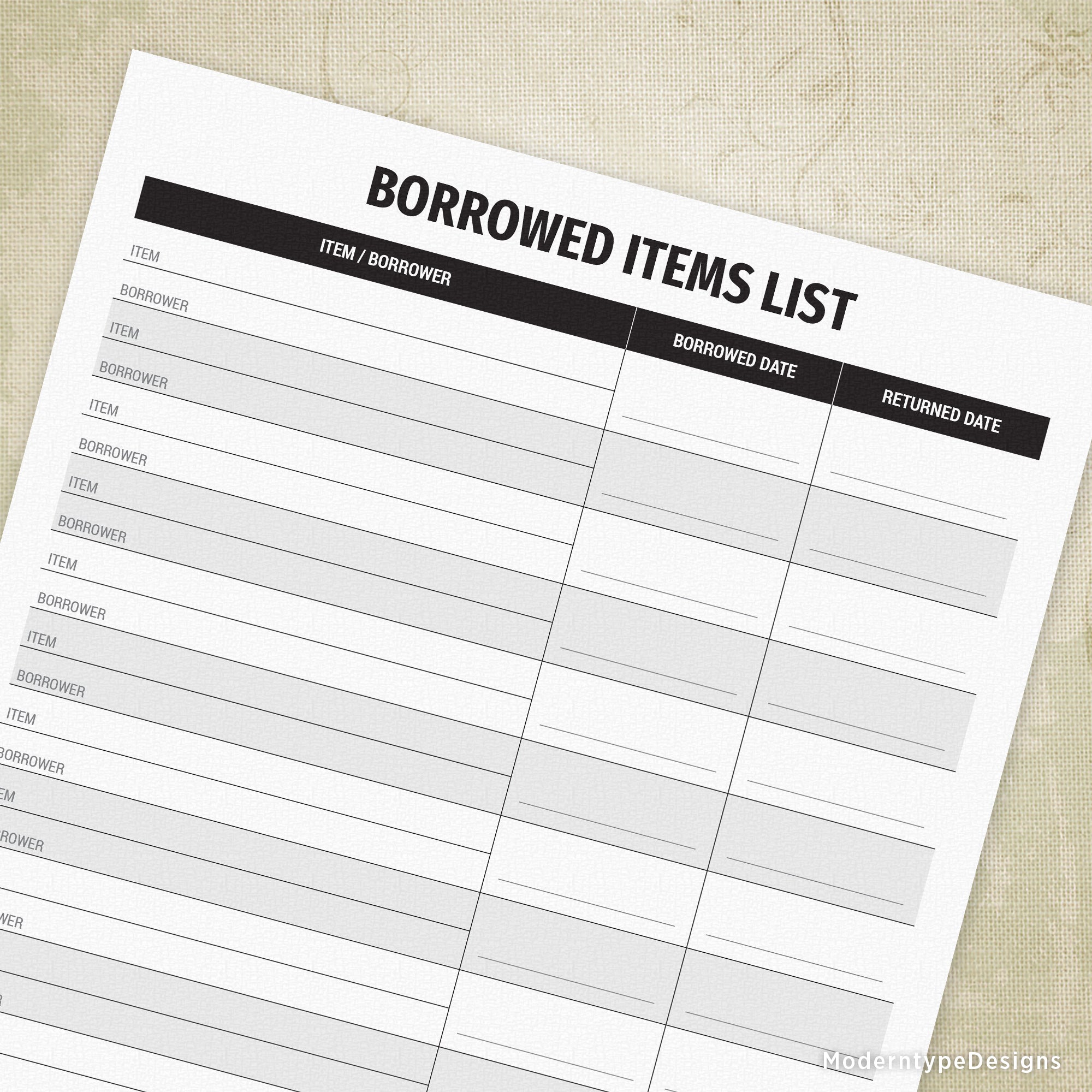 Borrowed Items List Printable