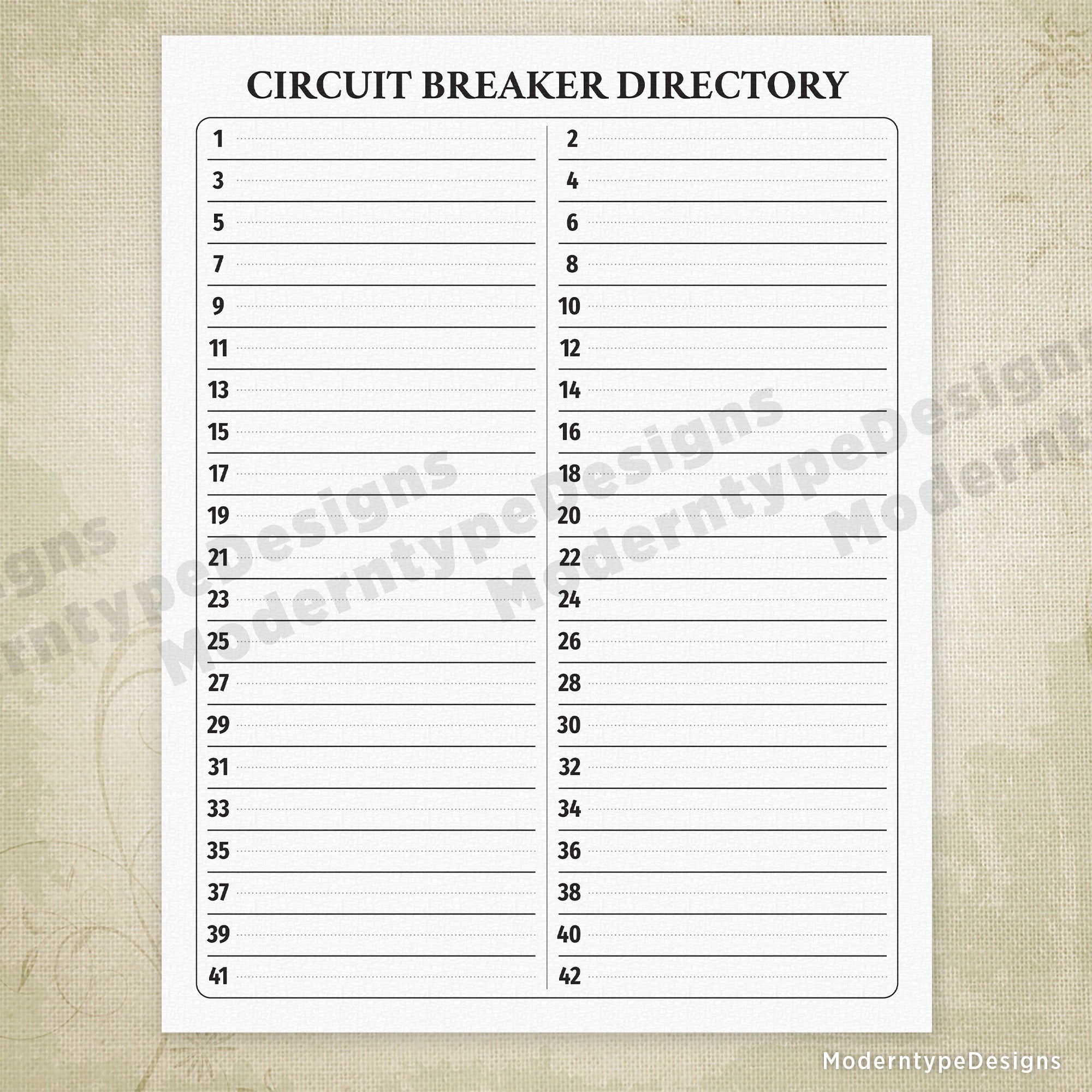 Breaker Directory Printable with 42 Circuits