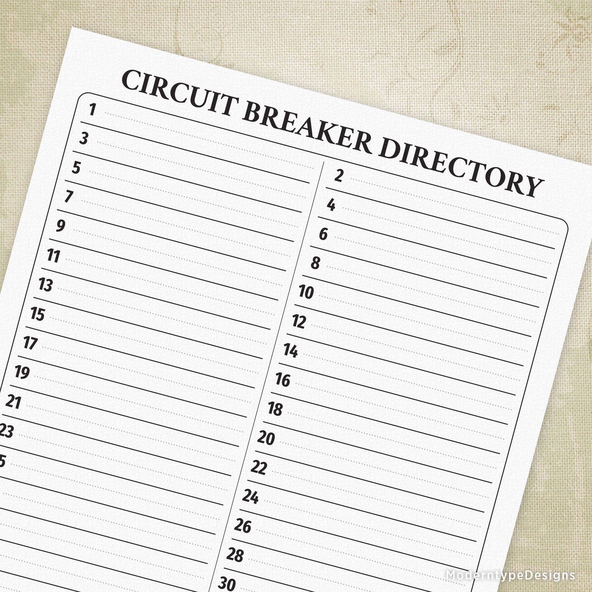 Moderntype BreakerPanelDirHOU004 z breaker directory printable with 42 circuits