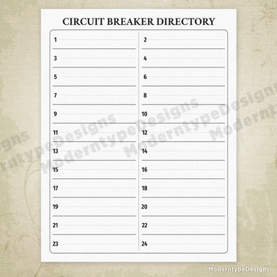 Breaker Directory Printable with 24 Circuits