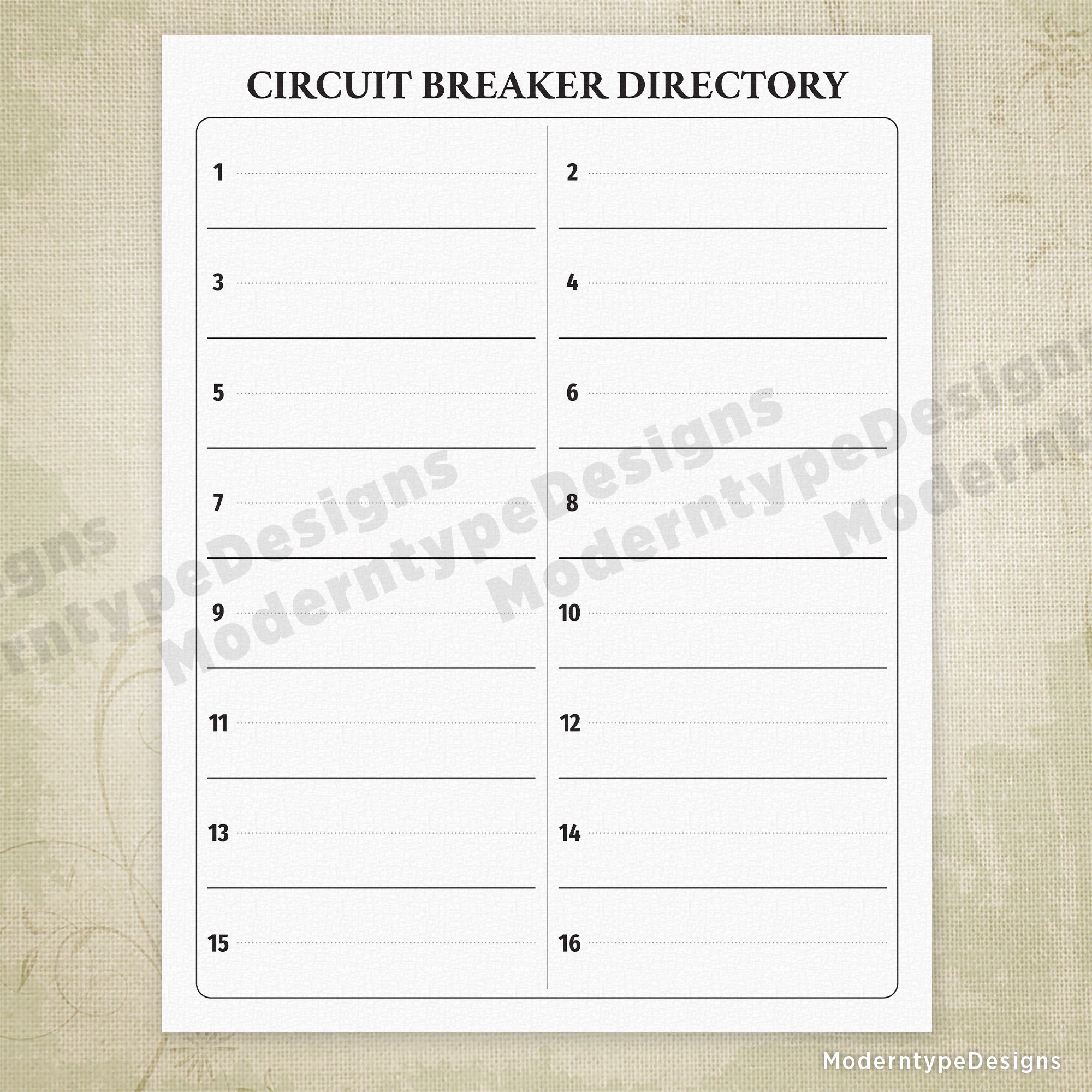 Breaker Directory Printable with 16 Circuits