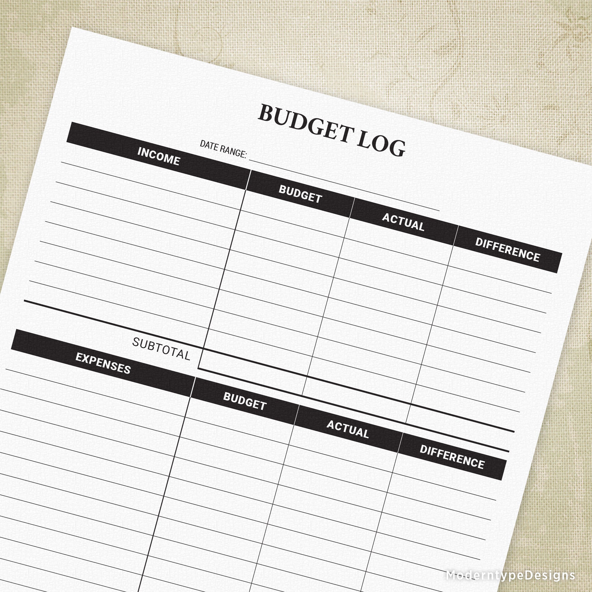 Budget Log Printable
