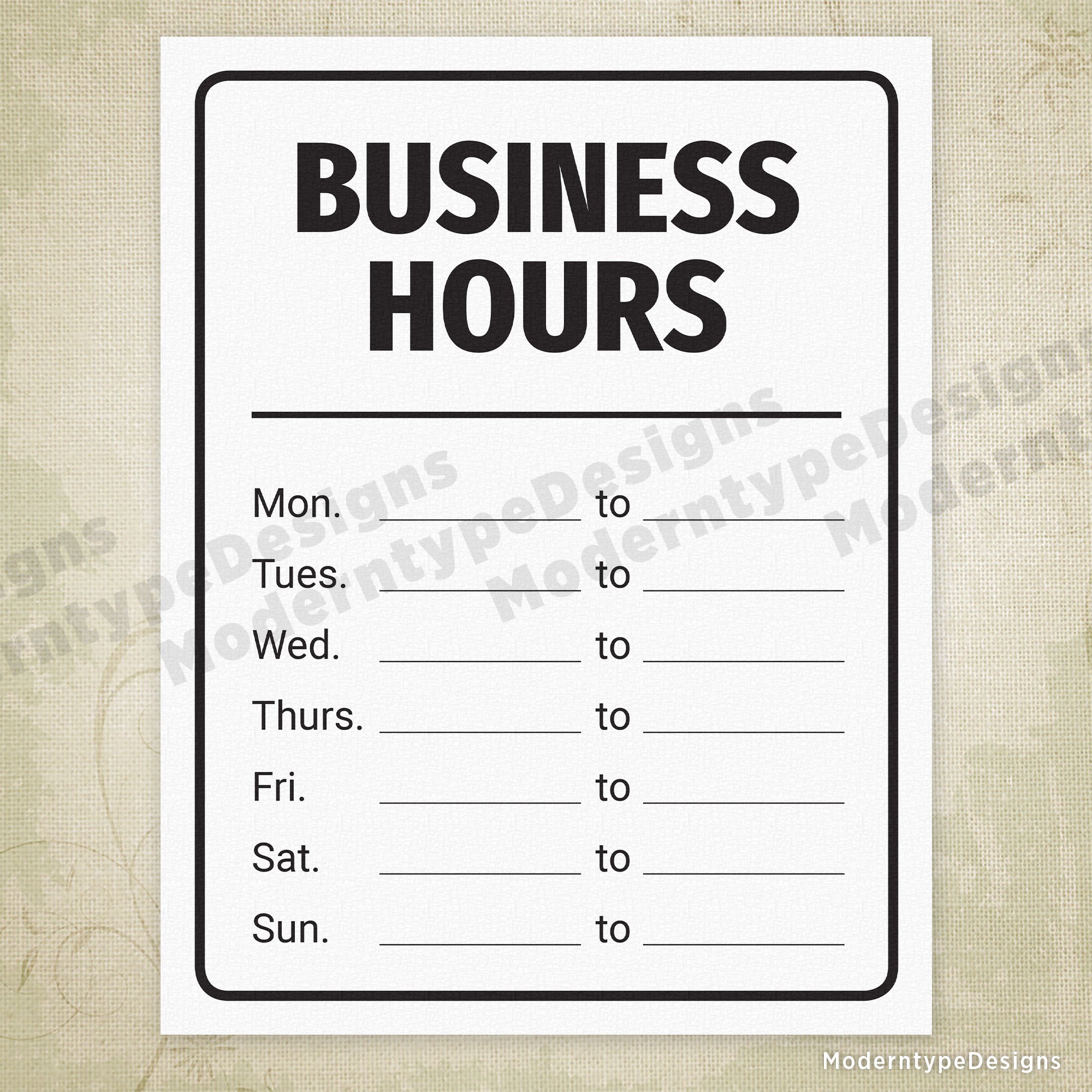 Business Hours Printable Sign, Editable