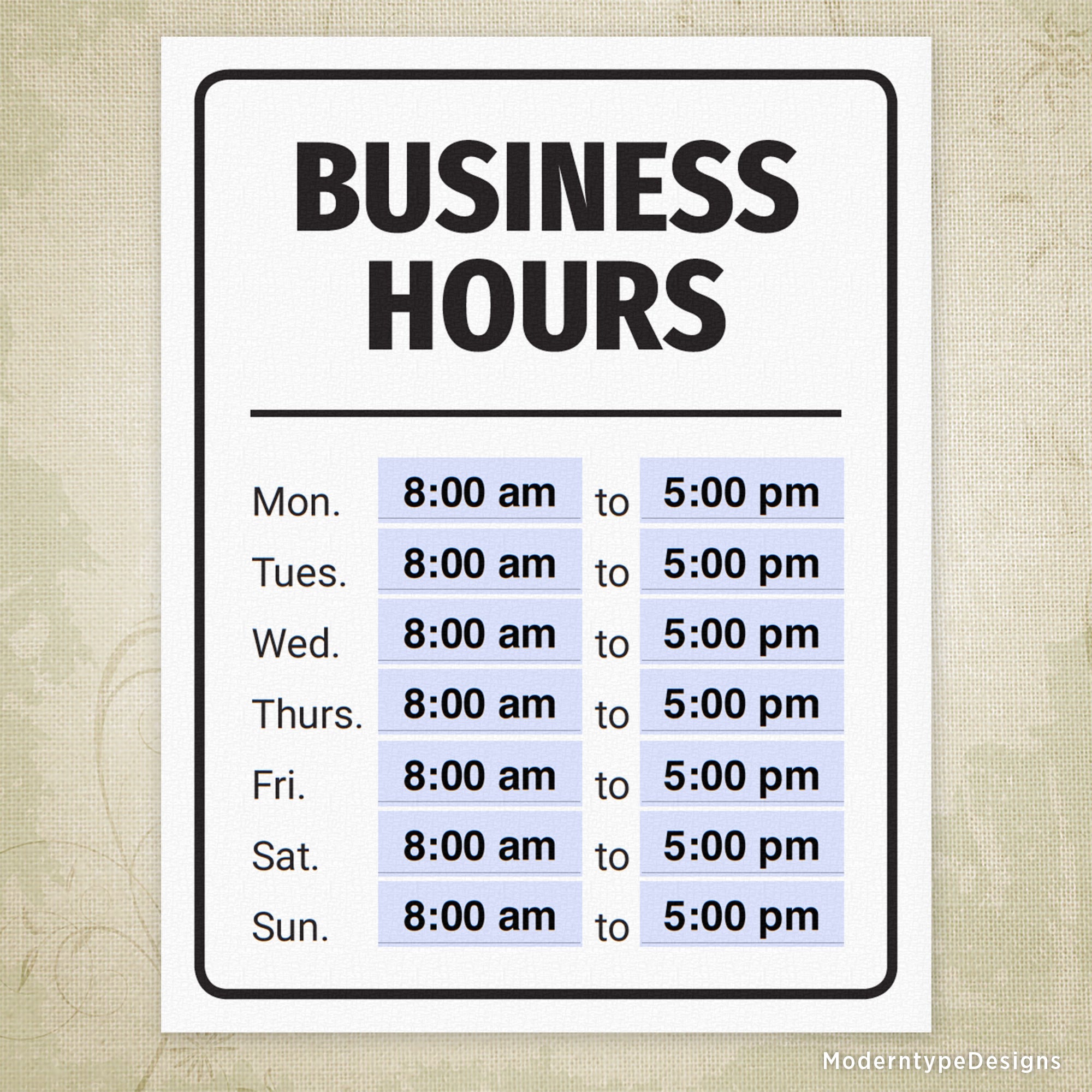 Business Hours Printable Sign, Editable