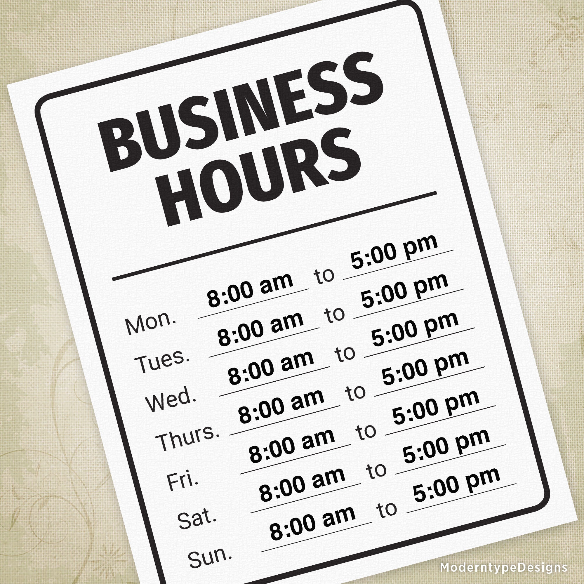 Business Hours Printable Sign, Editable