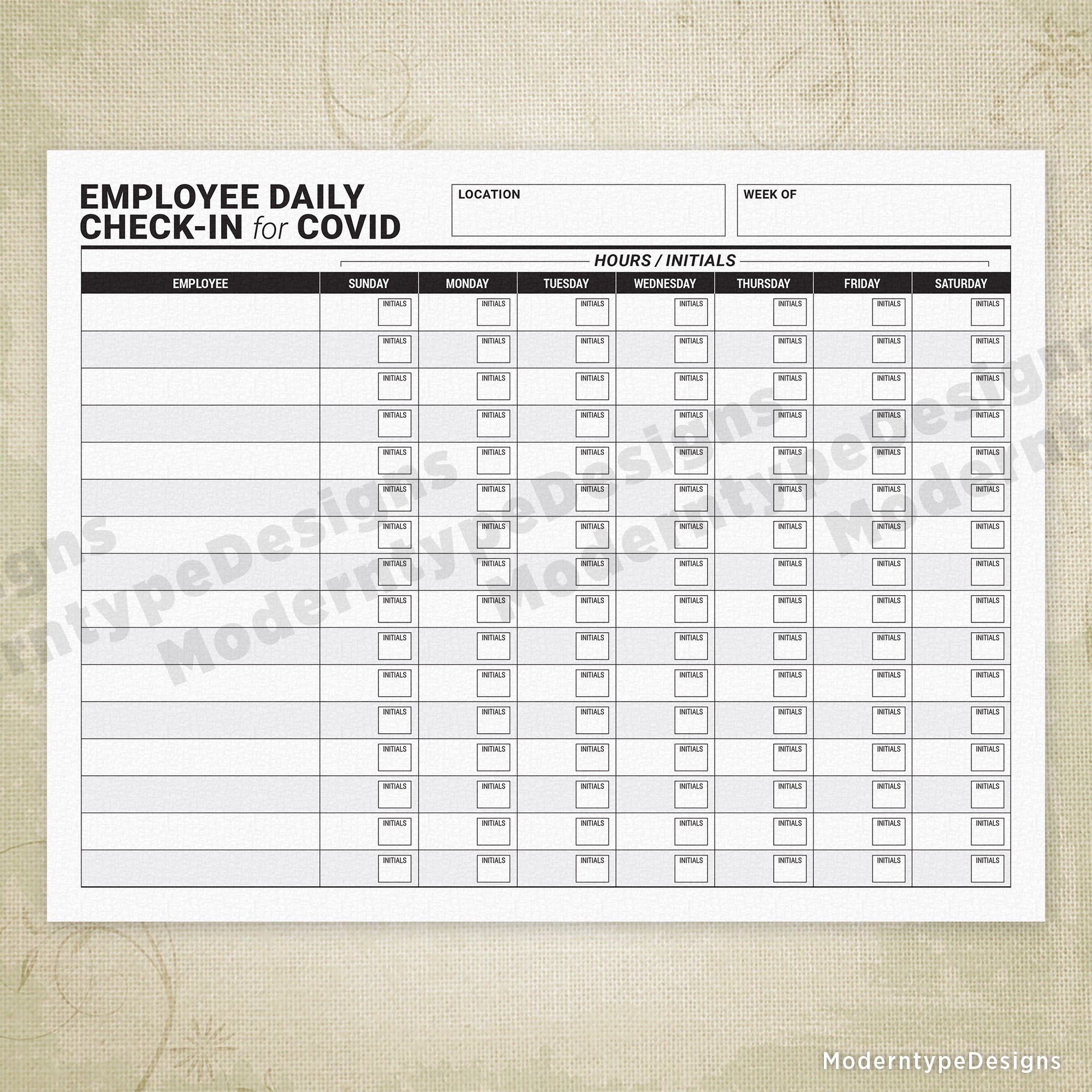 Employee Daily Check-in for COVID Printable