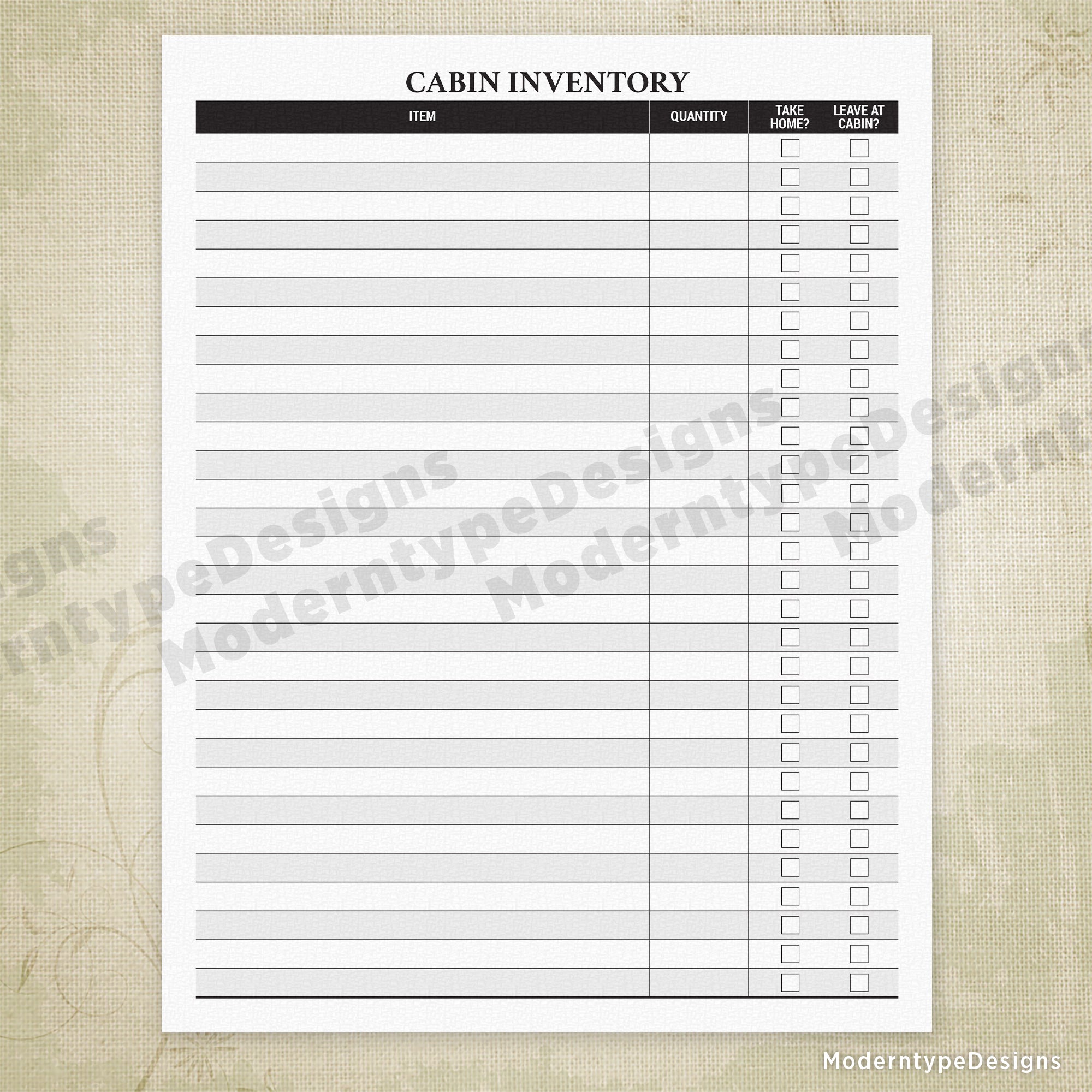 Cabin Inventory Printable
