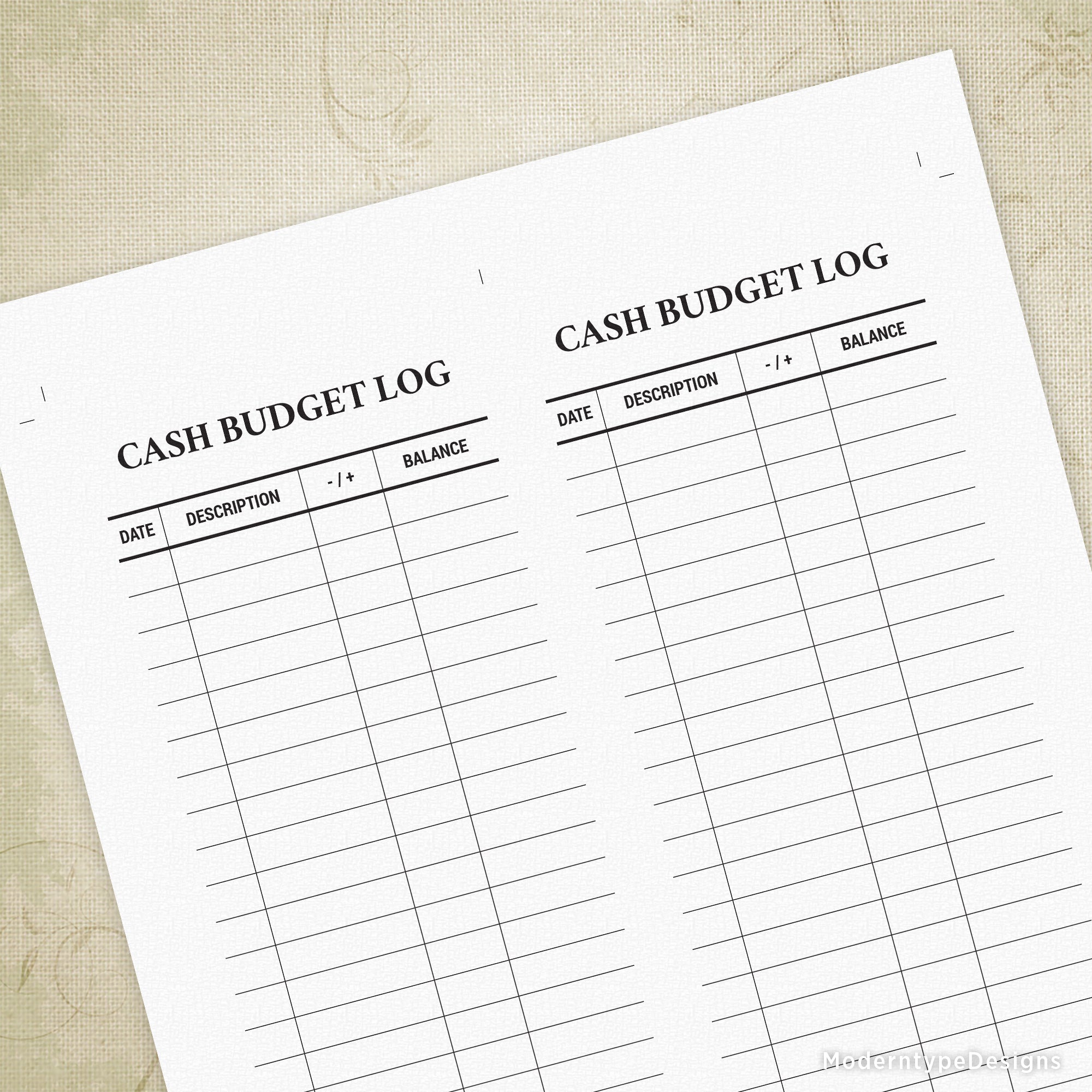 Cash Budget Log Printable, 3.75 x 9"