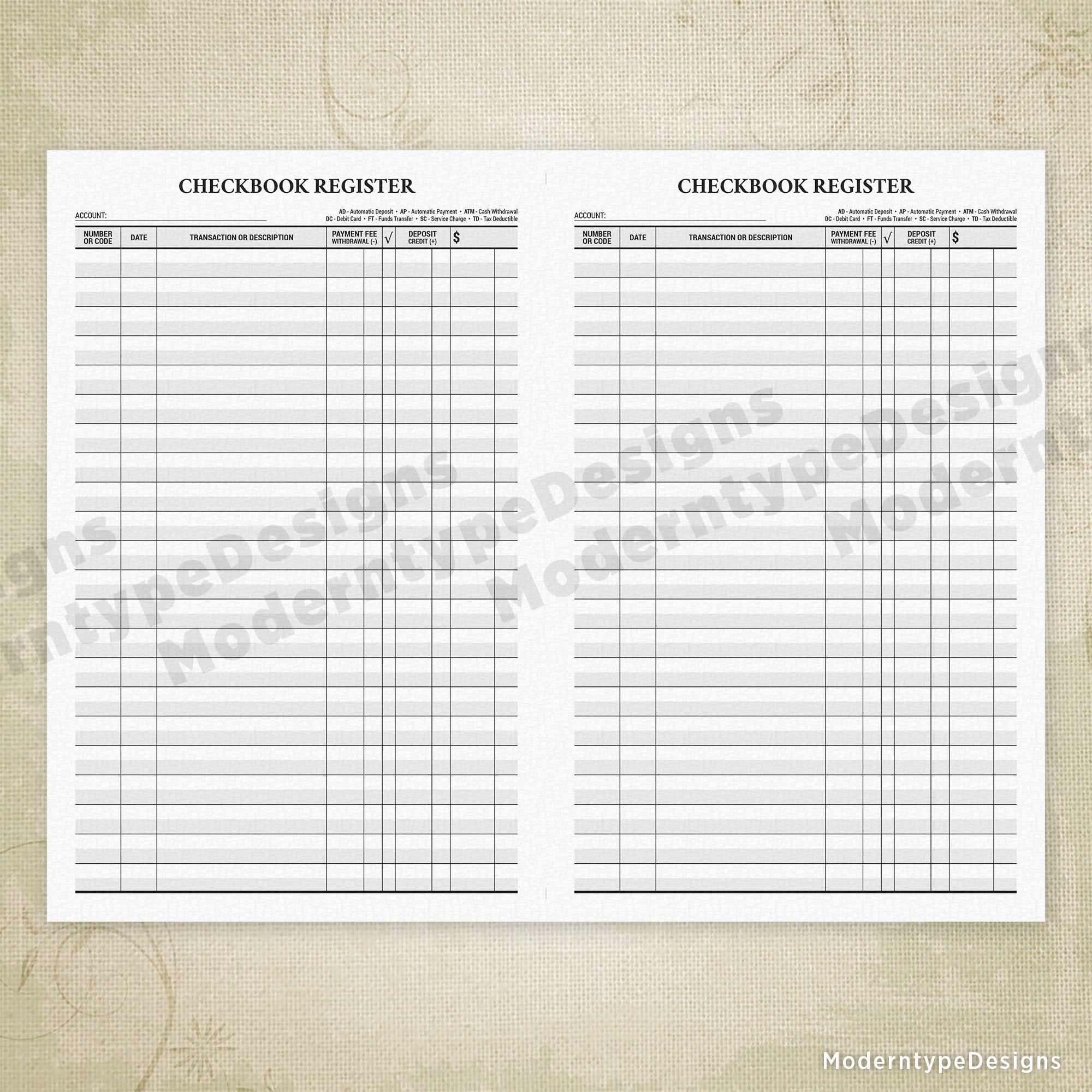 Traditional Checkbook Register Printable, 5.5 x 8.5, Half Sheet