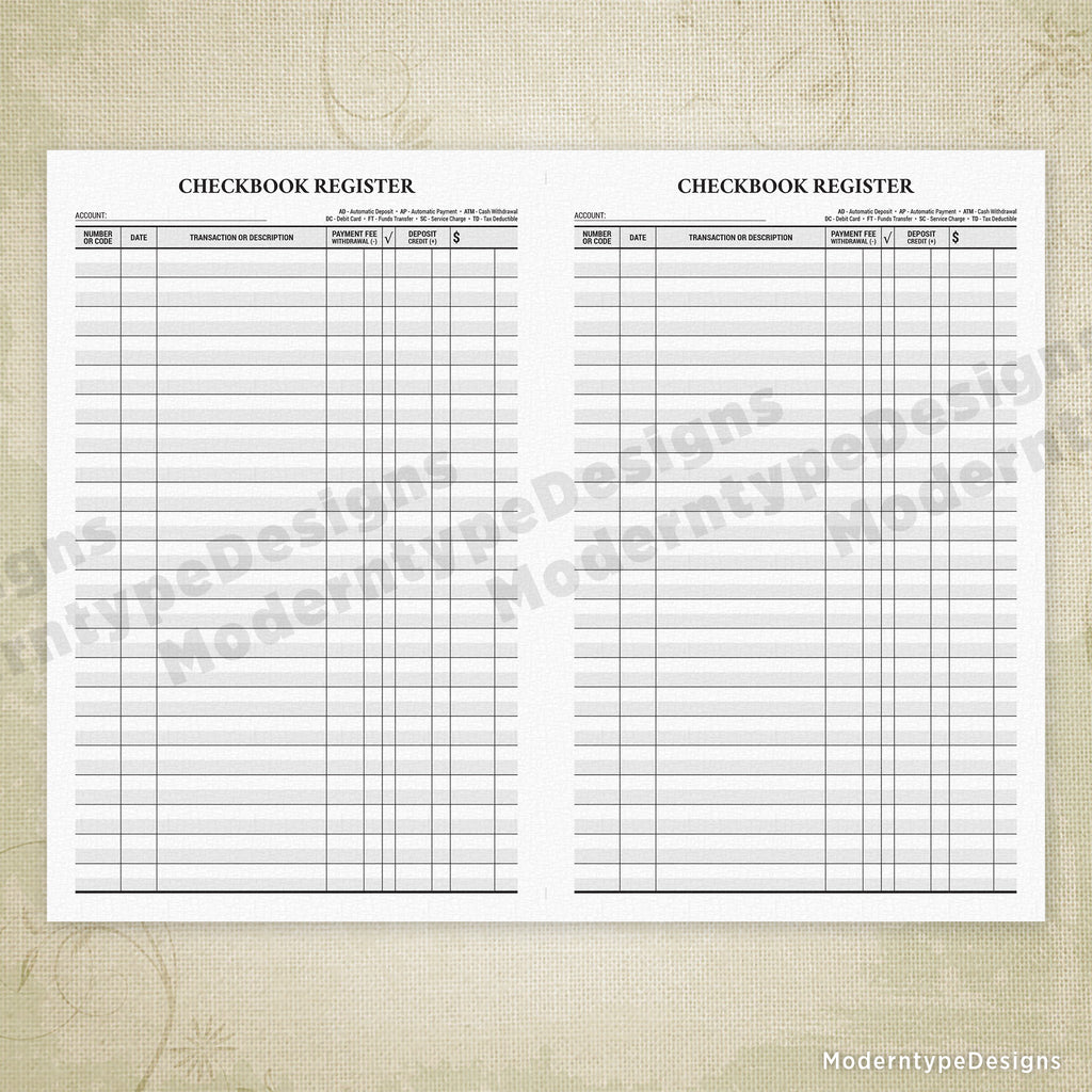 Traditional Checkbook Register Printable, 5.5 x 8.5, Half Sheet Traditional Checkbook Register Printable, 5.5 x 8.5, Half Sheet
