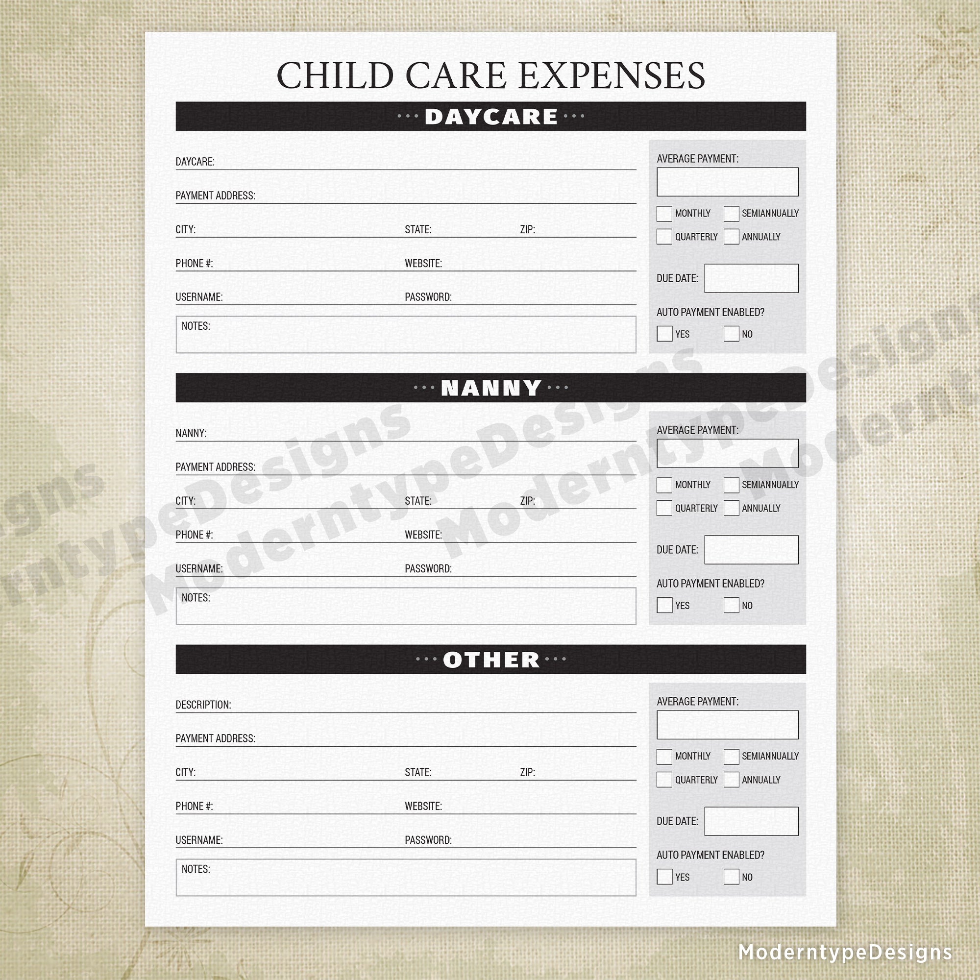 Child Care Expenses Printable - End of Life