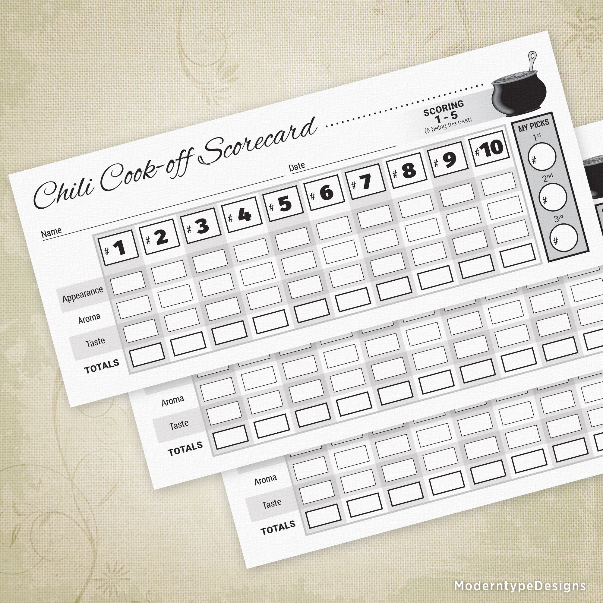 Chili Cook-off Basic Scorecard Printable, 10 Entries, 8.5 x 3.67"