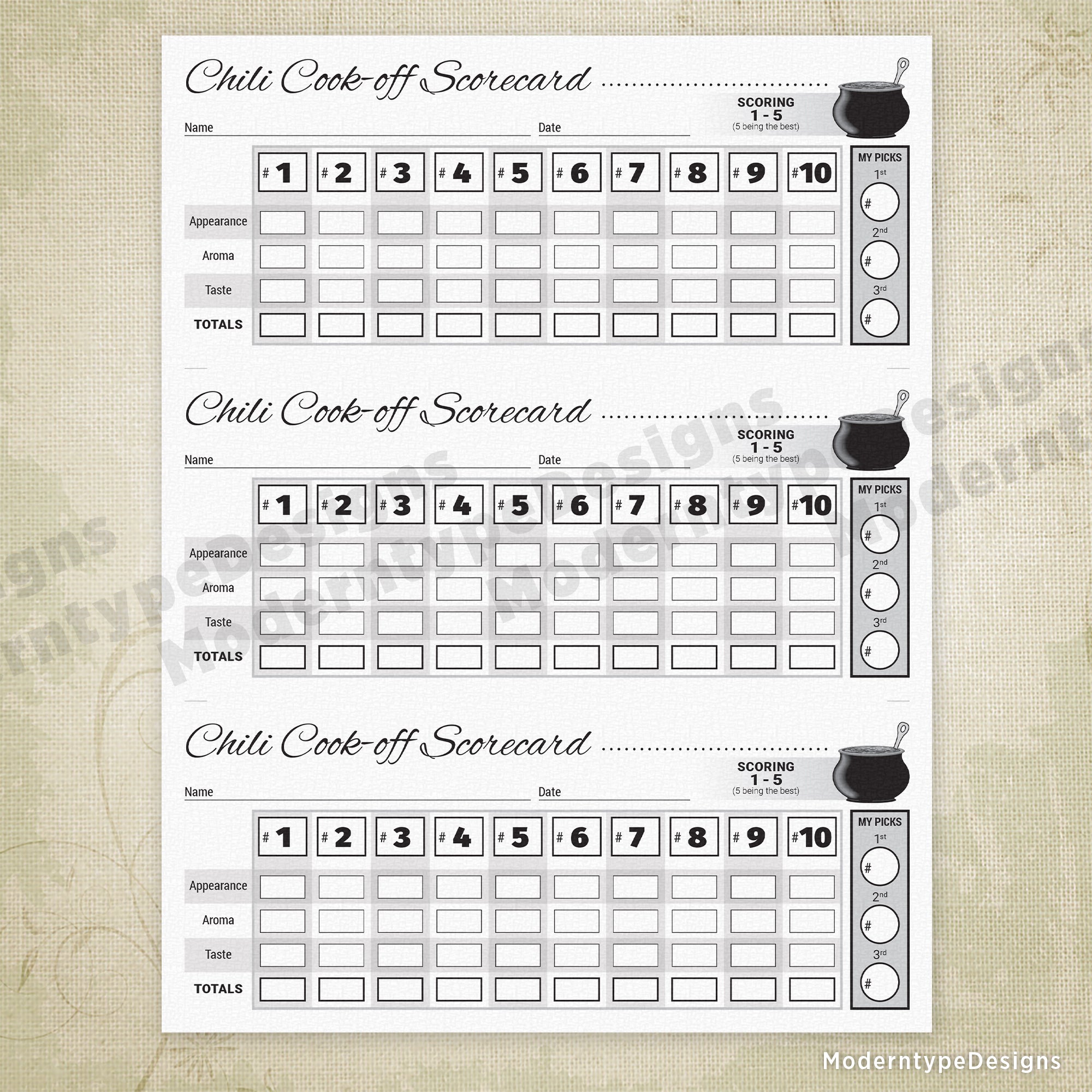 Chili Cookoff Basic Scorecard Printable, 10 Entries, 8.5 x 3.67"