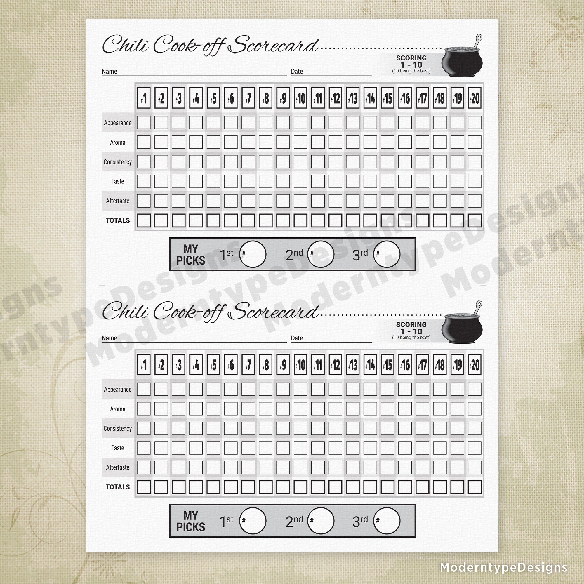 Chili Cook-off Advanced Scorecard Printable, 20 Entries, 8.5 x 5.5"